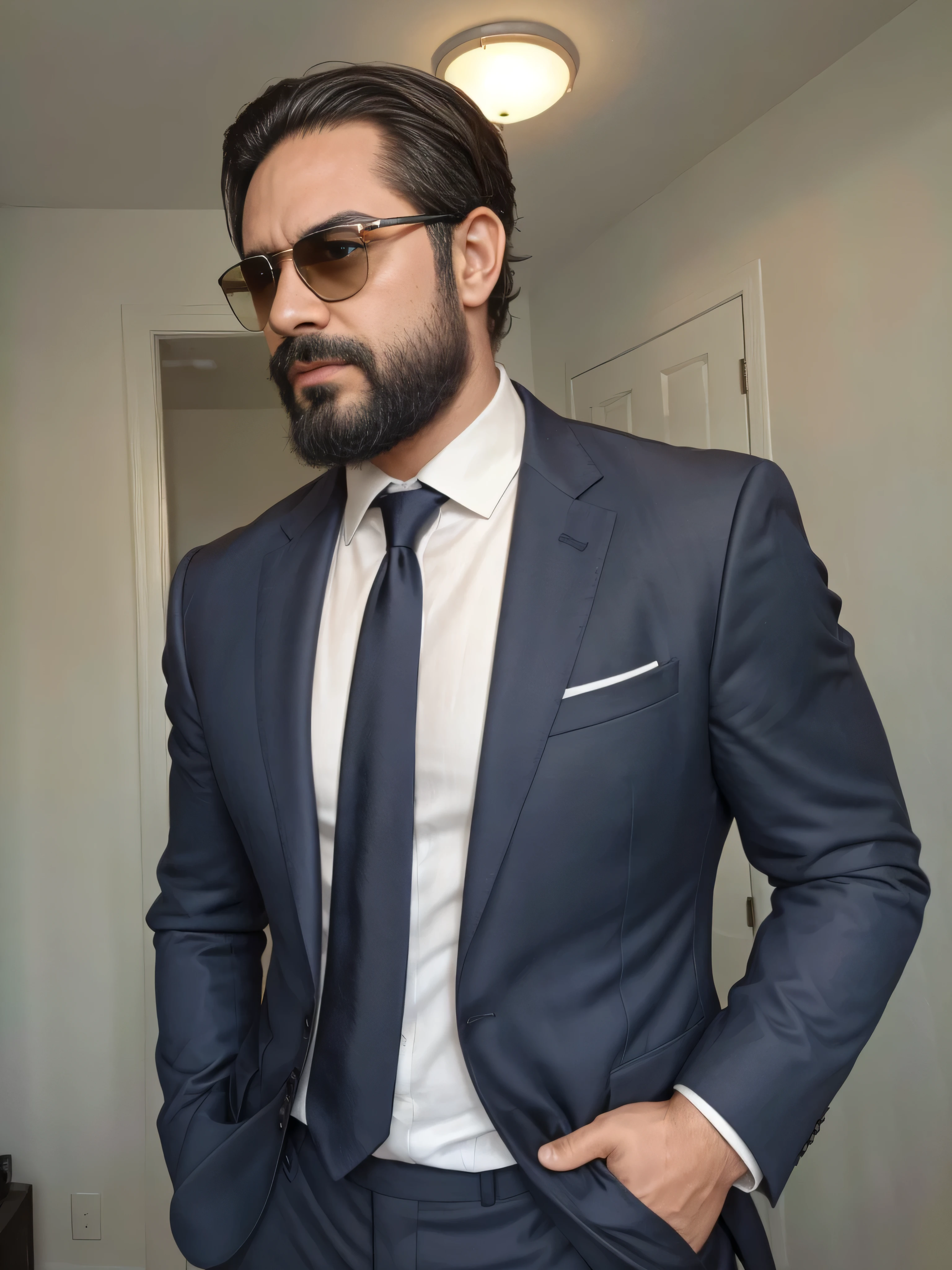 {
"prompt": "A 38-year-old man with light brown skin and a neatly trimmed beard is wearing sunglasses and dressed in very elegant clothing. He is shown in a medium shot focusing on his upper body. He is wearing a tailored dark navy blazer over a crisp white dress shirt, complemented by a silk pocket square. His sunglasses add a touch of modern flair, and his confident, poised expression exudes sophistication. The background is a sleek, urban setting with soft lighting highlighting his stylish attire."
}
