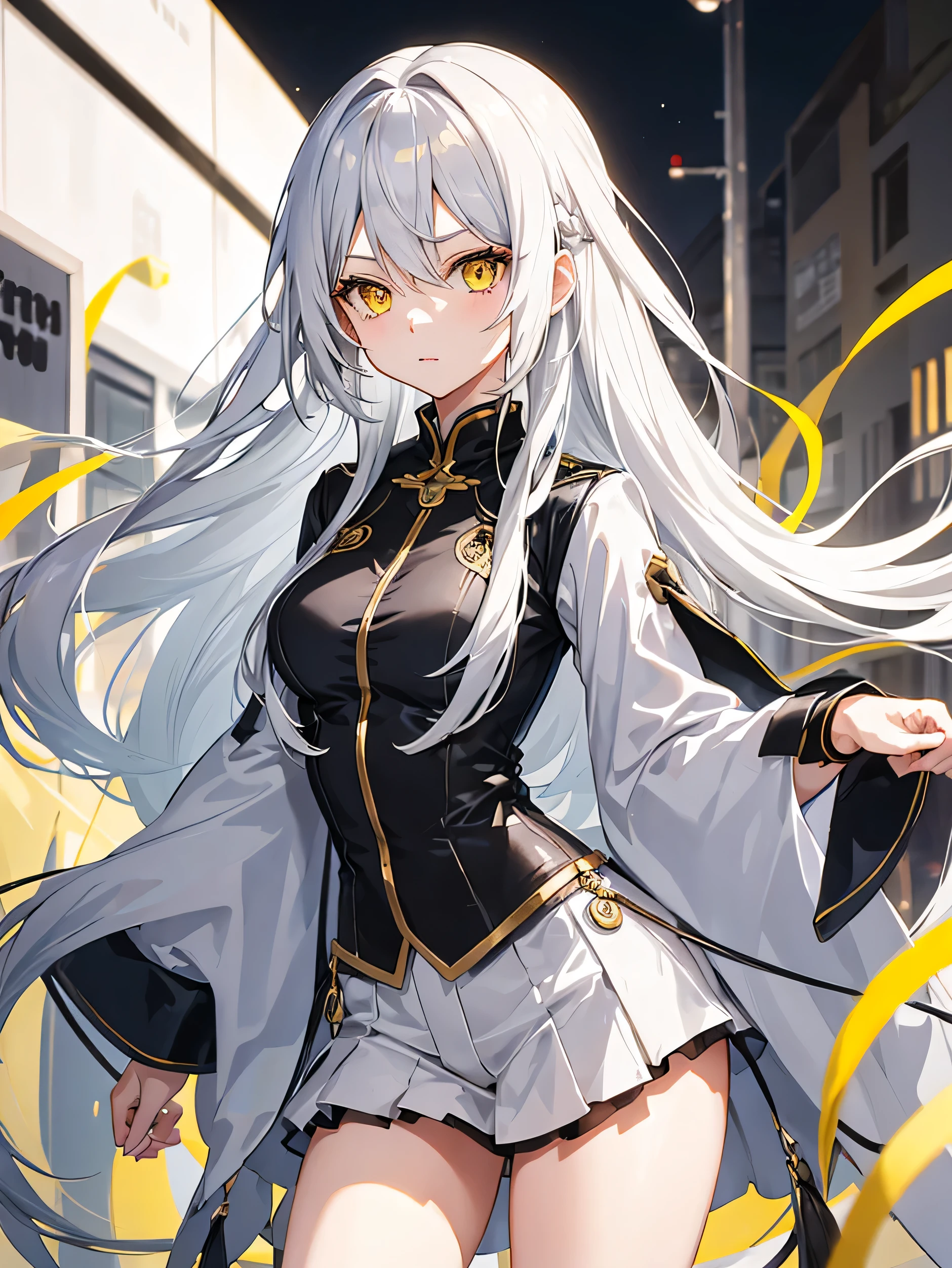 an anime young woman with long silver hair with confident look and a pair of yellow eyes. 