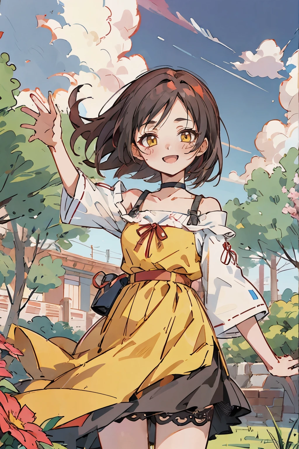 Hui Xiyi, Rekkyo Sensen, 1 girl, reddish Black hair, Yellow eyes, showa town, Ruins, Bang, Beautiful sky, shining sky, Sunshine, Smiling, Waving, Belts, ribbon choker, Dresses that blow the wind, black Lace dress, wool sweaters, Off-shoulder sleeves