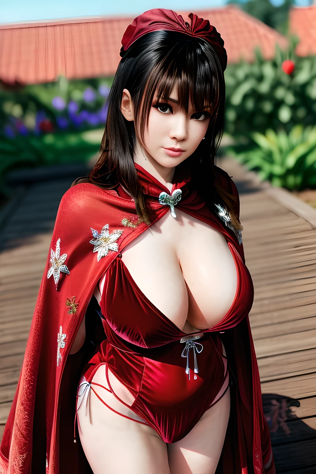 1girl,(RED theme: 1.2), (Velvet fabric nightgown: 1.2), (Ice flower cloak: 1.5), ,garden,moon,huge breasts,lactating,(lip gloss),(masterpiece), best quality, (real life portrait photography:1.5),unltra detailed,8K,Shot with a professional-grade camera like the Nikon D850,every intricate detail is captured, from the subtlest expression to the glimmer of anticipation in her eyes,Focus on thighs and above,,nanami