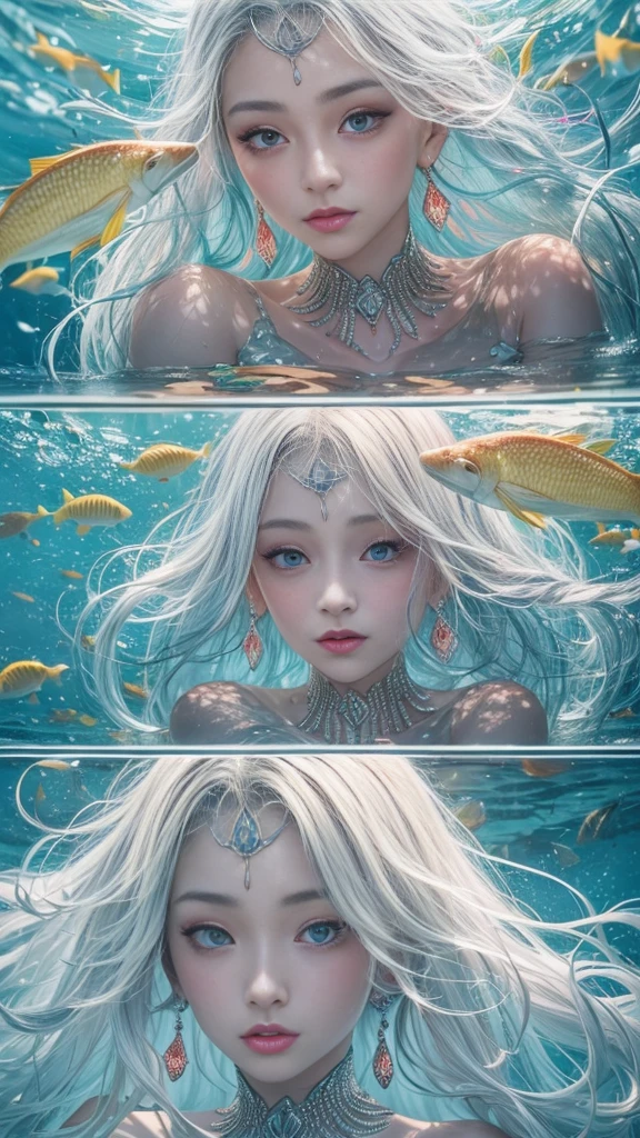 (RAW shooting, 32k, highest quality, masterpiece, Ultra-high resolution), (Deep sea at night:1.0, Dramatic moonlight:0.7, Mysterious underwater world:1.3, Expressions of sadness:1.0), Full body image, Fractal Art:1.3, Perfect dynamic composition:1.2, Very detailedな肌と顔の質感:1.2, Beautiful shell and coral decoration, Surrounded by lots of colorful fish, Rich underwater vegetation, (Photographing a subject from a distance:1.3, Dynamic flow of water waves:1.2, Slim mermaid figure:1.0, Shimmering Scales, Mermaid tail), Fair skin, Incredibly slim body:0.8, Very beautiful face, Water droplets on the skin, Very detailed, Gorgeous silver shiny dress portrait, Big eyes that exude beauty, Beautiful big lips, elegant and sophisticated, Unreal atmosphere, necklace, Earrings, bracelet