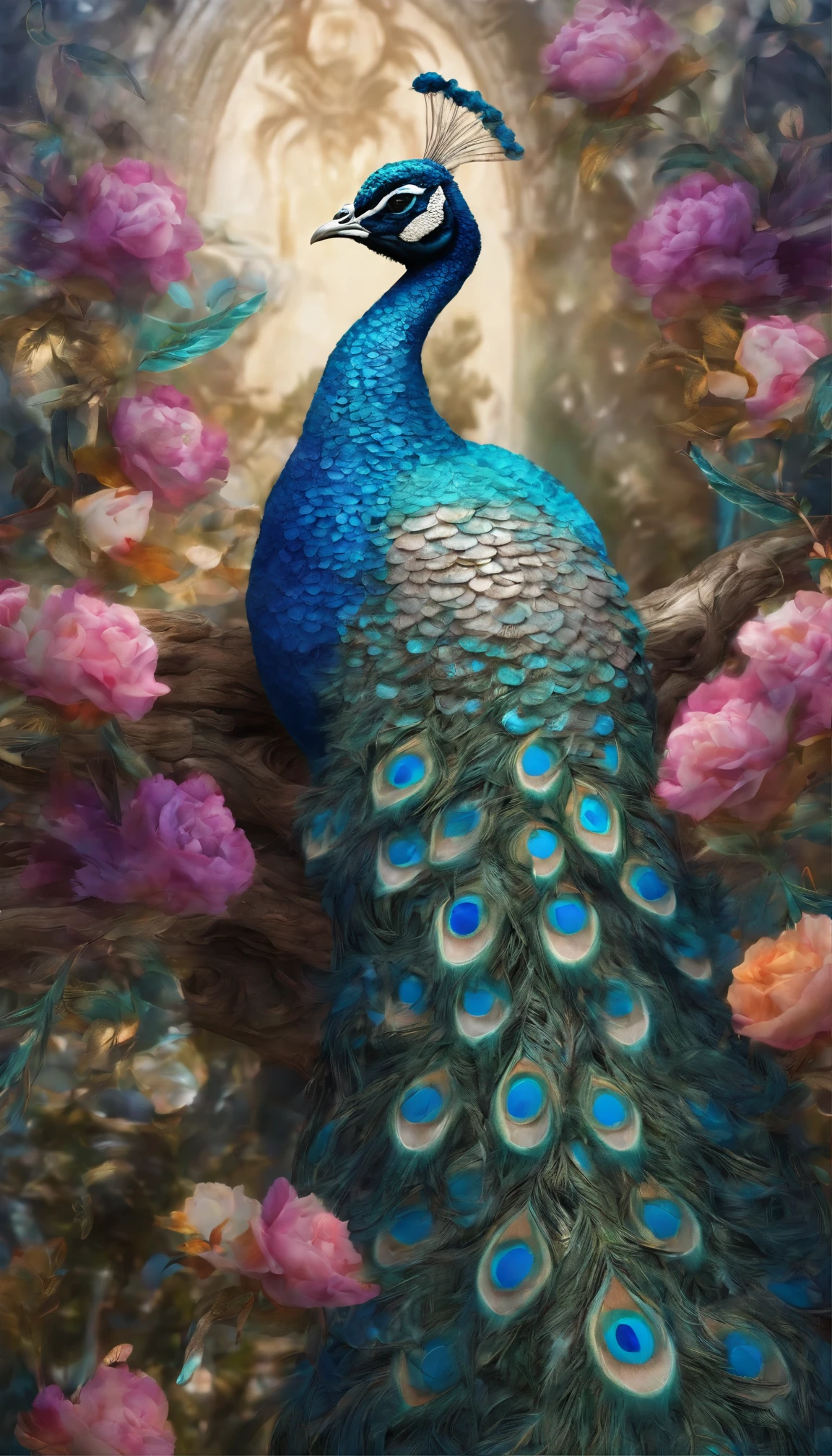 All expressed with jewels, the arrival of spring, various beautiful colorfull pheasant, angles looking up from below, various jewels falling from the sky, wonderful and beautiful superb view, slightly hazy, fantastic, high resolution, 8K, (best quality, highres, realistic:1.37), shiny metallic flowers, intricate and delicate petals, reflective surfaces, vibrant colors, intricate details, close-up view, surreal garden, surreal beauty, dreamy atmosphere, fine art, abstract botanicals, metallic sculpture, contrasting textures, ethereal glow, a peacock with flowers on a branch, beautiful and graceful, beautiful and elegant, detailed beautiful tail, 8k high quality detailed art, peacock, peacock colors, peacock in the desert, peacock. intricate, blue phoenix bird, beautiful animal pearl queen, beautiful design, beautiful art, stunning beautiful