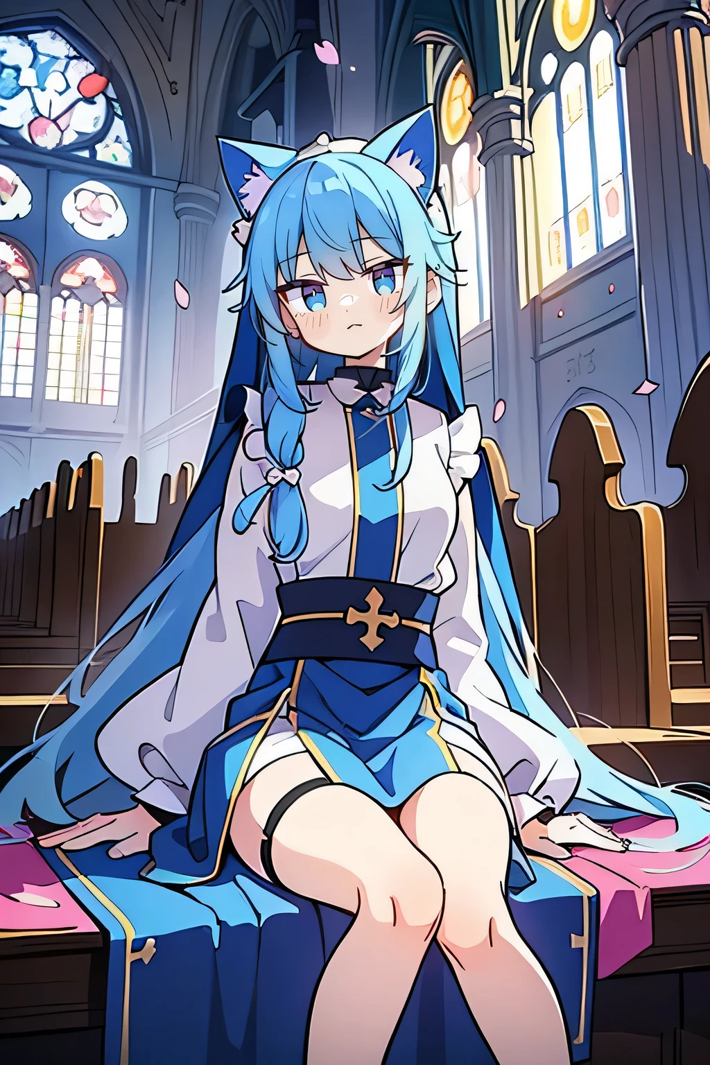 (masterpiece:1.2),Extremely detailed,Practical,expressive eyes,Fair skin,Perfect face shaping,1 Girl,
Japanese cartoons,Gorgeous blue hair, the long flowing blue hair,Floating clothes,Cat ears,Petals fall,beautiful lola,Young Angel,
Place your hands on your waist,sit elegantly on the ground,Cross your legs,Gentle and peaceful background,church,Nun&#39;s Clothes,back view,lie on the water. 