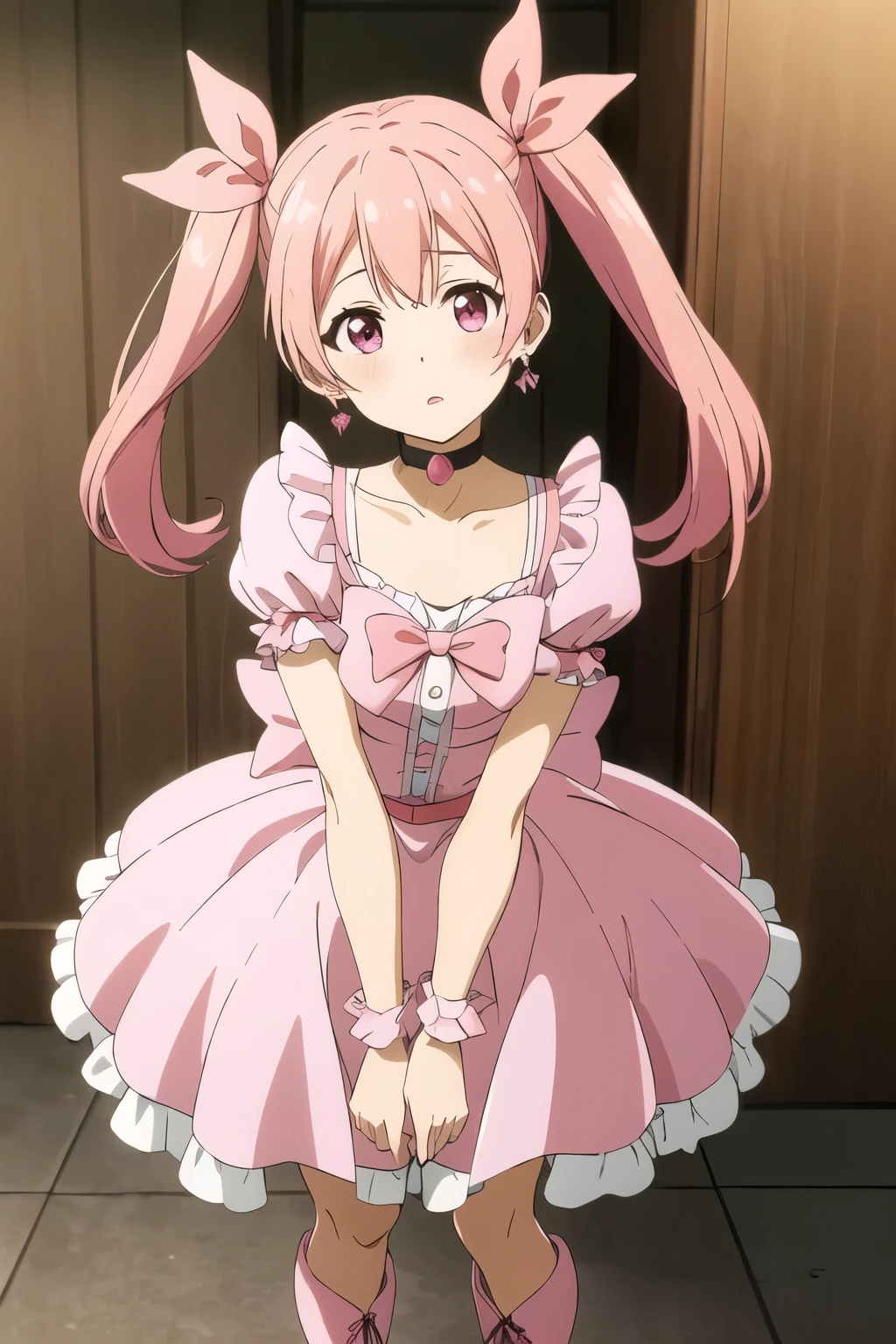 masterpiece, best quality, looking at viewer, depth of field,
1girl, cure peach,
twintails, puffy short sleeves, ribbon choker, pink boots, earrings,