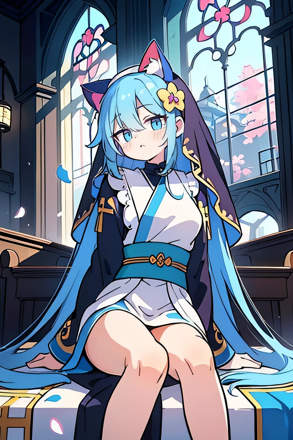 (masterpiece:1.2),Extremely detailed,Practical,expressive eyes,Fair skin,Perfect face shaping,1 Girl,
Japanese cartoons,Gorgeous blue hair, the long flowing blue hair,Floating clothes,Cat ears,Petals fall,beautiful lola,Young Angel,
Place your hands on your waist,sit elegantly on the ground,Cross your legs,Gentle and peaceful background,church,Nun&#39;s Clothes,back view,lie on the water. 