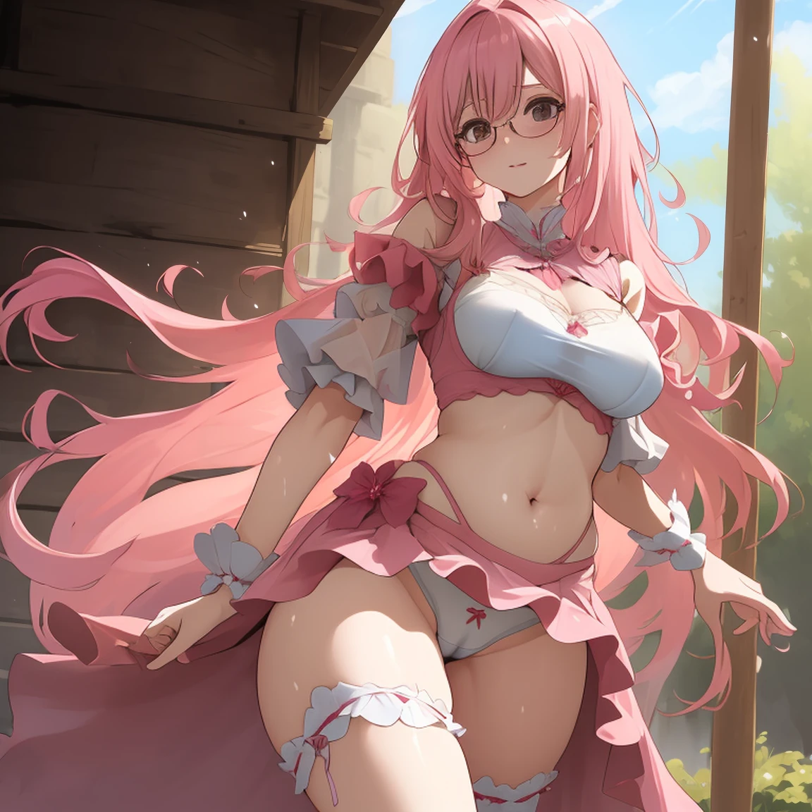 (masterpiece, best quality:1.2), cowboy shot, (solo), (1girl):1.5, glasses, long fluffy pink hair, hair blowing, gorgeous tall body, wide hips, slight smile, (very sexy and tranparent clothes):1.3, navel exposed, belly, gorgeous large breasts, (pink breasts niples):1.3, (cameltoe), wet body and clothes, collorfull clothes.