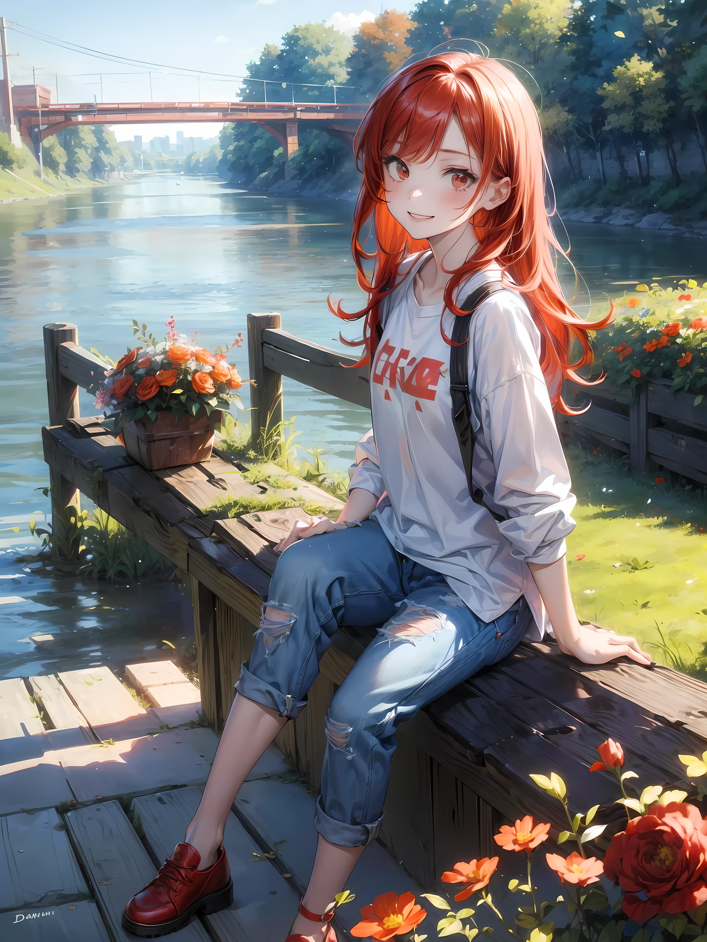 The art of math, (girl, Red_hair, Flowers, Baggy jeans, White shirt, A cautious smile, Cute appearance), (Sit on a bench, River in the background, prime time),, author：Daniil Suponitskiy jpegman