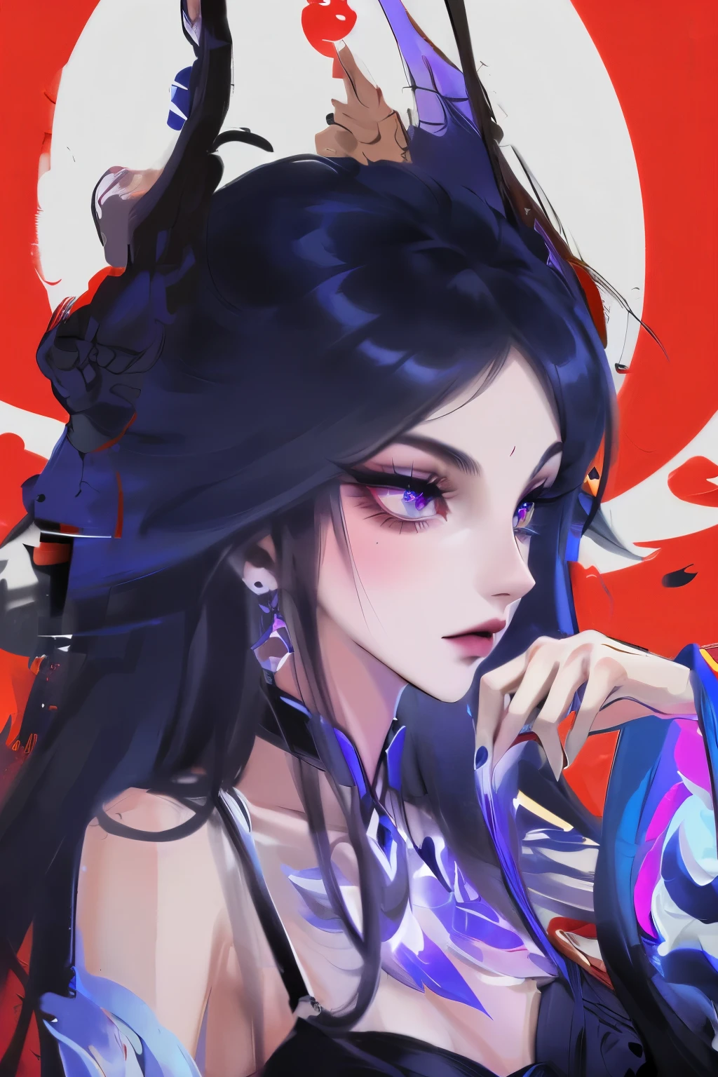 (Mythical Beast), Nine-tailed Fox, Dynamic body shape, (Chinese Monster), Handsome, splashed Ink, Chinese, 1 Girl, ((whole body), ((2.5D)), Flowing hair, beautiful eyes, Delicateeyes, Delicate silhouette, Fantasy Art, (Black and red ancient brocade Hanfu), Field of view, (masterpiece), front Photo, Profile portrait, White background, (poster), sharp, splash, cloud, petal, empty, Sky, (Wide-angle lens), Vista