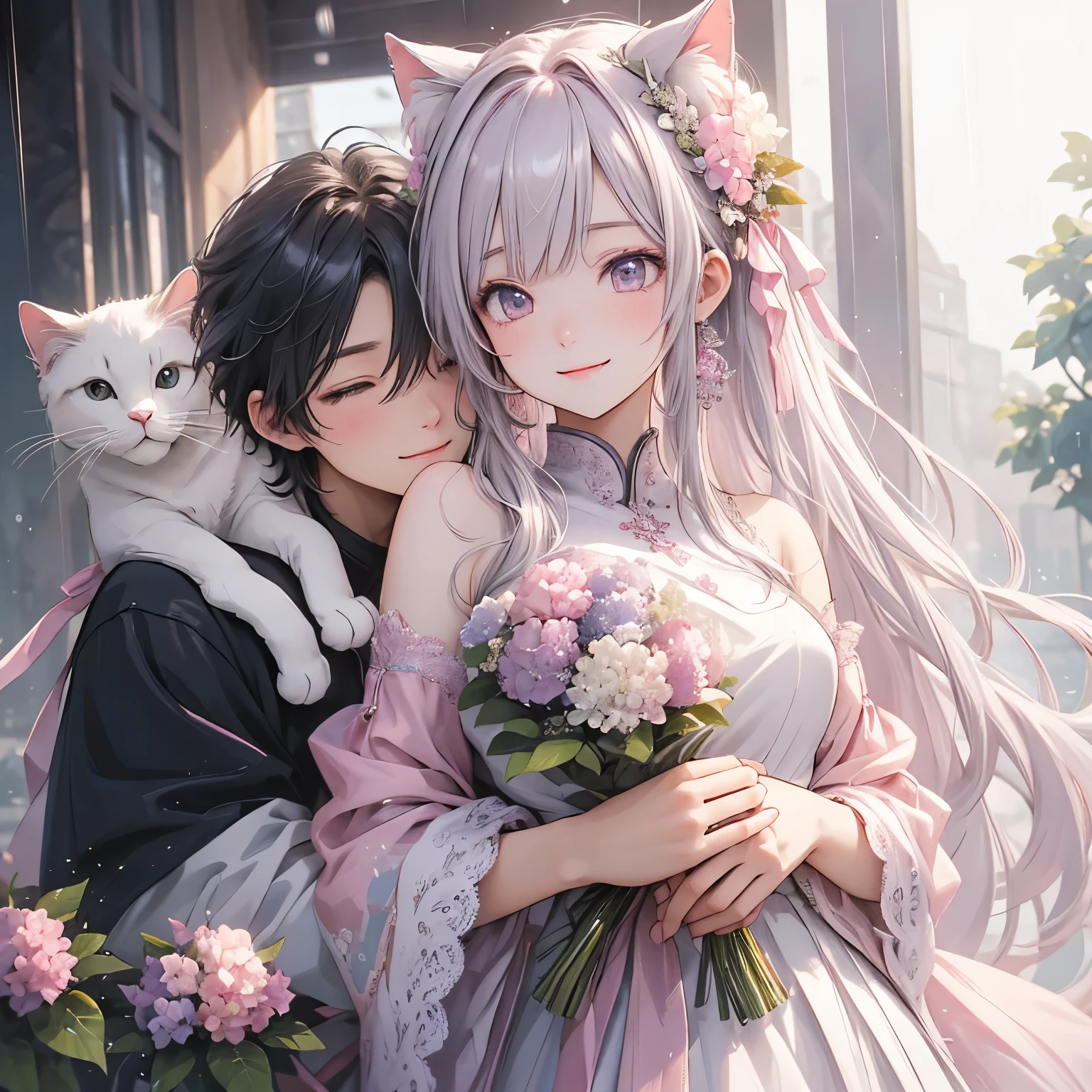 (masterpiece), highest quality, Ultra-high resolution,Cat with pink ribbon、Pink and gray hair、梅rain、rain、hydrangea、wedding、Big smile