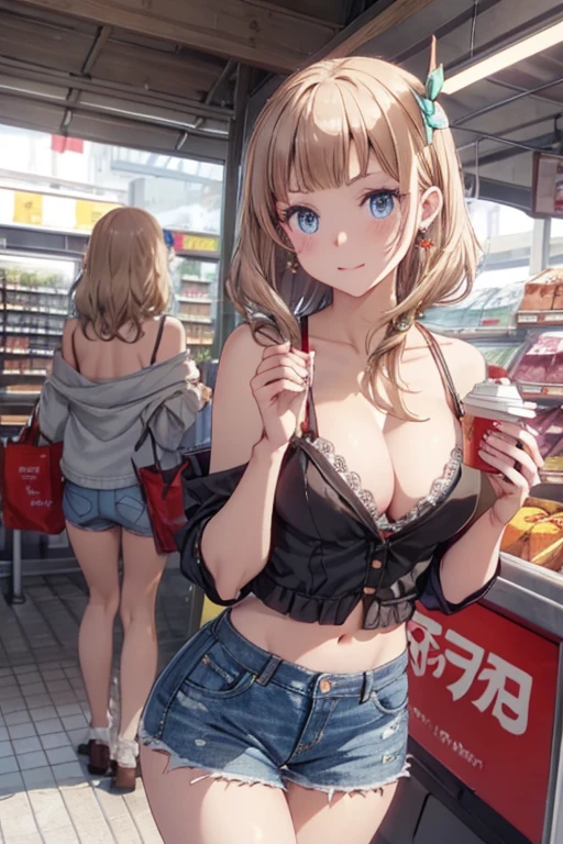 (masterpiece, Best Quality, ultra-detailed, high resolution, extremely detailed CG, official art, Professional Lighting, Perfect Anatomy, anime colors), (from below), looking at viewer, cowboy shot, perfect body, a 24yo beautiful girl, sidelocks, hairband, earrings,medium hips, glamorous body,a small face,beautiful-makeup,Makeup light,dark brown hair, Amazing Cleavage, thin waist, cute ass, Raised sexy, small breast: 1.2 posed cleavage:1.2, (off shoulders,Denimbra,legginullnude), micro denim shorts, bare legs, nail_polish, pale skin, Waiting friend, (morning:1.5), tokyo, (convenience store:1.3), outdoor, (depth of field:1.3), contrapposto, (Hold a coffee in your hand:1.3),delicate beautiful face, Bright blue eyes, cute eyes, sparkling eyes, Big eyes, (perky chest:1.1), (pointed chest:1.3), looking at viewer,
