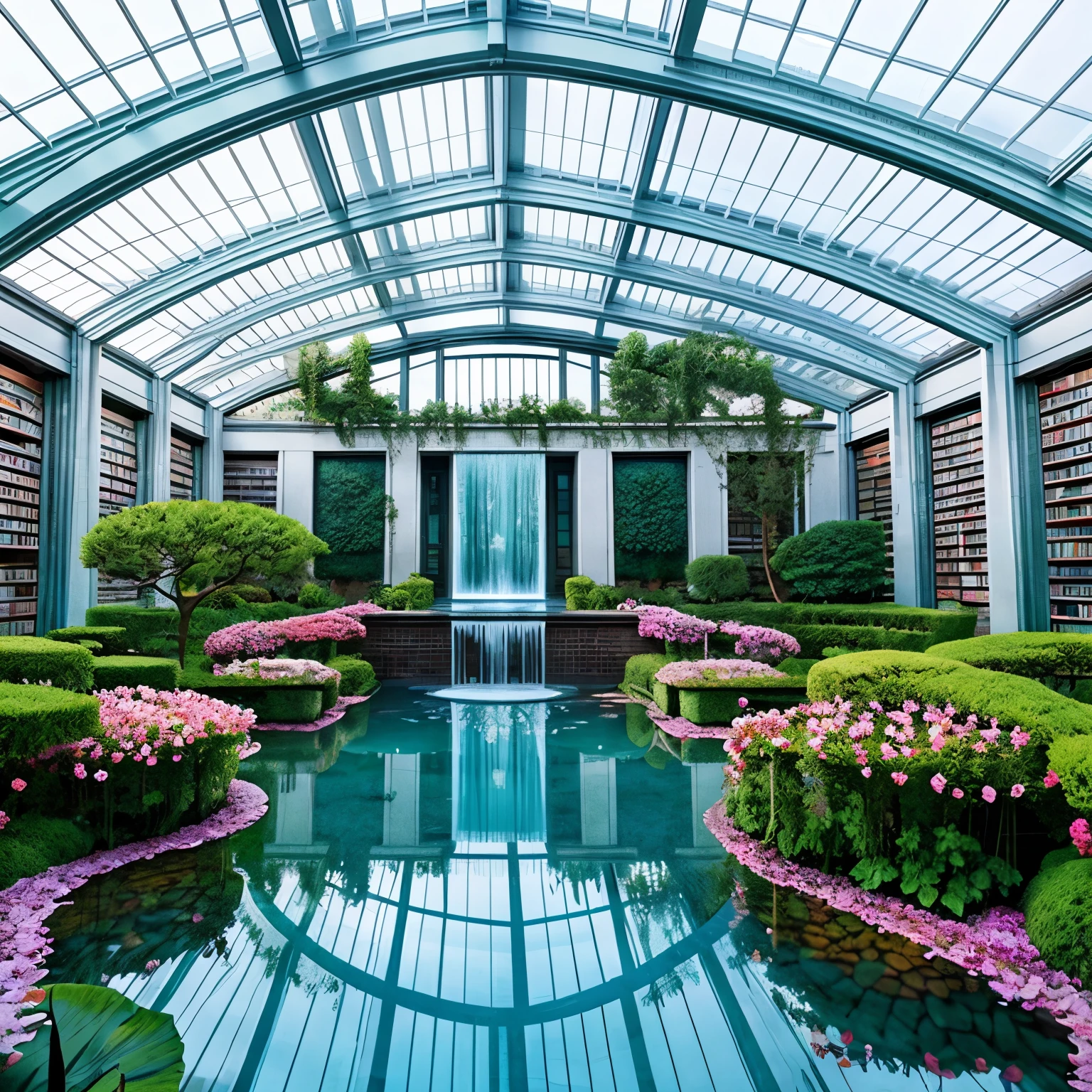 tones,Ultra-translucent,super transparent,crystal book house,amazing waterway,puddle,water flowing,waterfall,Library love,Covered with fantastic white rose vines,lots of details,hyper quality,shock,grow,energy, white, water fountain