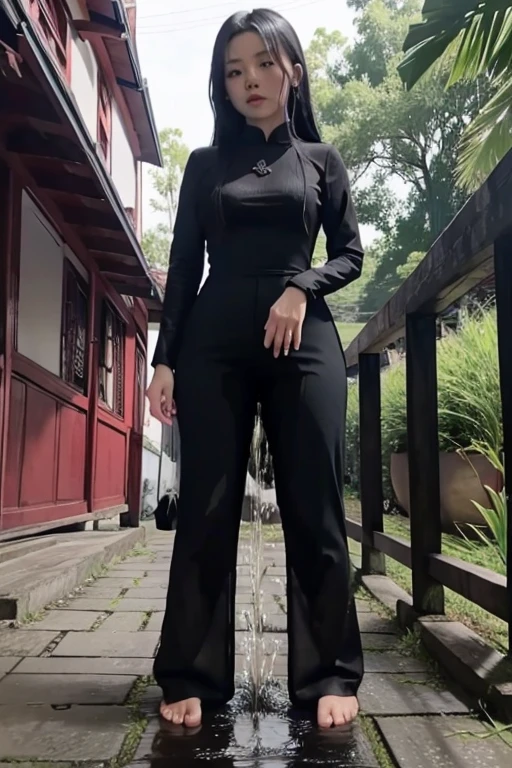 Vietnamese Girl sees the ghost and pees her black ao dai pants until her pants are wet in fright.