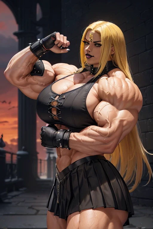 ((((Massive, beautiful, buff, light brown skinned muscular woman with yellow hair, black lipstick, ginormous bulky muscles, wearing a black gothic uniform with pleated gothic skirt)))), {close view}, massive muscle, massive biceps, hyper muscle shoulders, ginormous muscle arms, hyper muscle triceps, (long flowing hair), gray eyes, spiked choker, chain belt, black spiked boots, spiked gauntlets, fingerless gloves, (standing in a dark gothic schoolyard), evil smirk, night, red moon, red skies, hyper vascular arm, hyper muscles arms, hyper muscle legs, ginormous arms, close view