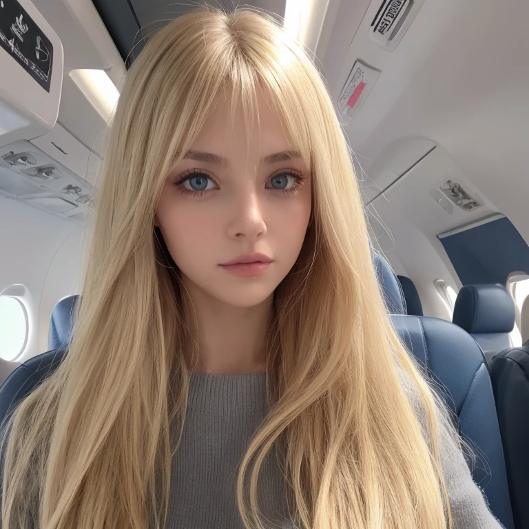 A woman with super long light blonde hair and big light blue eyes is taking a photo, gorgeous young model, beautiful blonde、bangs between eyes、female model, cute young woman, very beautiful young woman with very big eyes, beautiful model portrait, beautiful young girl, Beautiful young woman, beautiful woman pictures, perfect face, 22 year old beautiful model, Beautiful young face, Beautiful blonde girl, showing her whole perfect body in toilet airplane