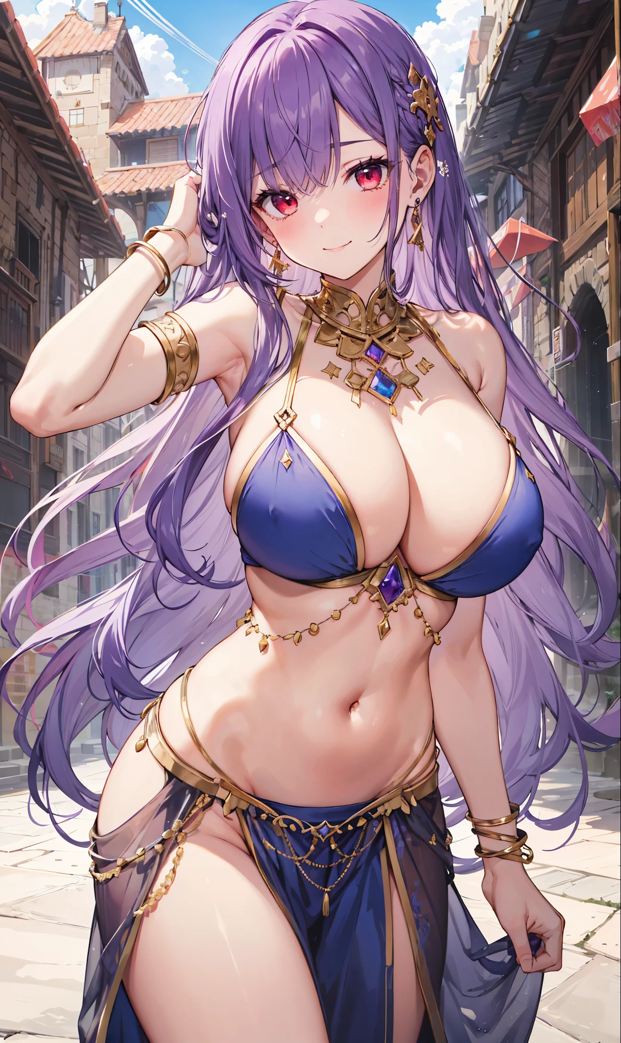 high quality, ultra detailed, best quality, insanely detailed, beautiful, masterpiece, 1girl, medieval plaza, cowboy shot, red eyes, long hair, purple hair, belly dancer, circlet, earrings, armlets, bracelets, bashful smile, large breasts, cleavage, soft stomach