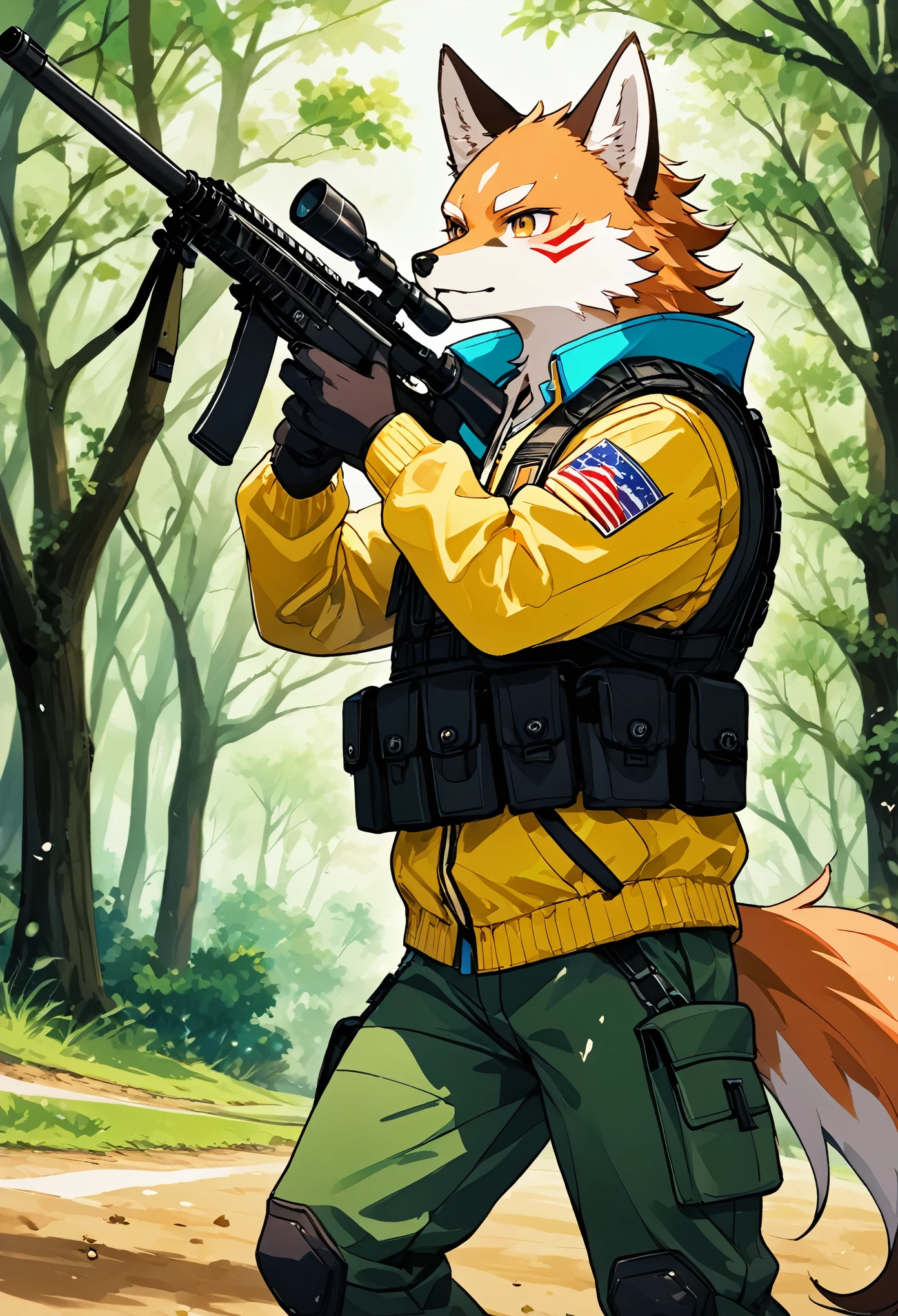 frame of trading card, UI Marks on the upper right and left bottom of the cygames style card.dark and green tone. 14 years old small anthro kemono fox Scout is crouching behind a tree and aiming his sniper rifle at a distant target. He is dressed in a camouflaged jacket and pants,with a bulletproof vest. meticulous post-war military scenes, soft-focus technique