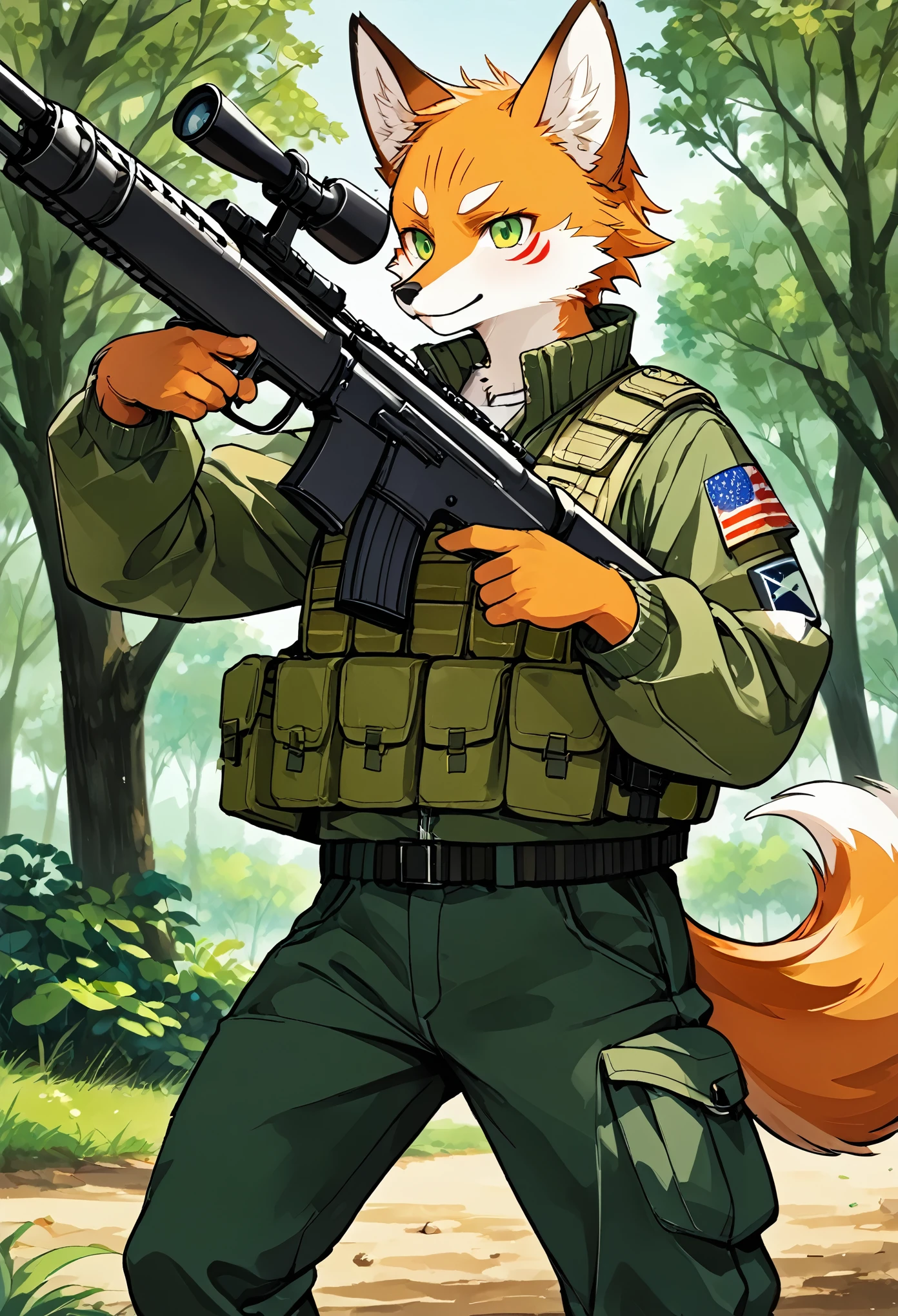 frame of trading card, UI Marks on the upper right and left bottom of the cygames style card.dark and green tone. small anthro kemono fox Scout is crouching behind a tree and aiming his sniper rifle at a distant target. He is dressed in a camouflaged jacket and pants,with a bulletproof vest. meticulous post-war military scenes, soft-focus technique