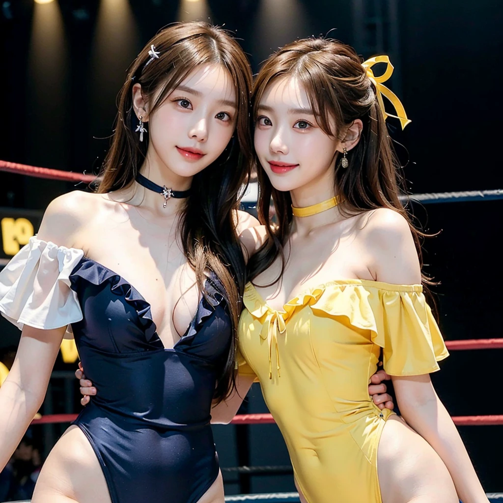 ((masterpiece: 1.4, best quality))+,(ultra detail)+, official art, unity 8k wallpaper, ultra detail, beautiful, high quality, Highlight your cute face, masterpiece, best quality, semi straight medium length hair, (((Always in the pro wrestling ring))), (Off-shoulder frill-decorated one-piece swimsuit with extensive chest exposure:1.5)), (((bust:1.5))), High exposure, skinny body,masterpiece, high quality, 8 thousand, beautiful spotlight, no. no. No. 1 girl group idol in Korea, ((vivid:1.5)), ((brown eyes, yellow hair:1.3)), (Small and round breasts:1.4), ((colorful earrings, white neck choker)), 18 years old, small face, looking at viewer, (hairpin with larger ribbon:1.4),(skinny abs:1.3), (They look at each other and look very happy :1.5), ((Both cheeks turn red)), Accurately distinguishes between the bodies and limbs of two people..:1.5