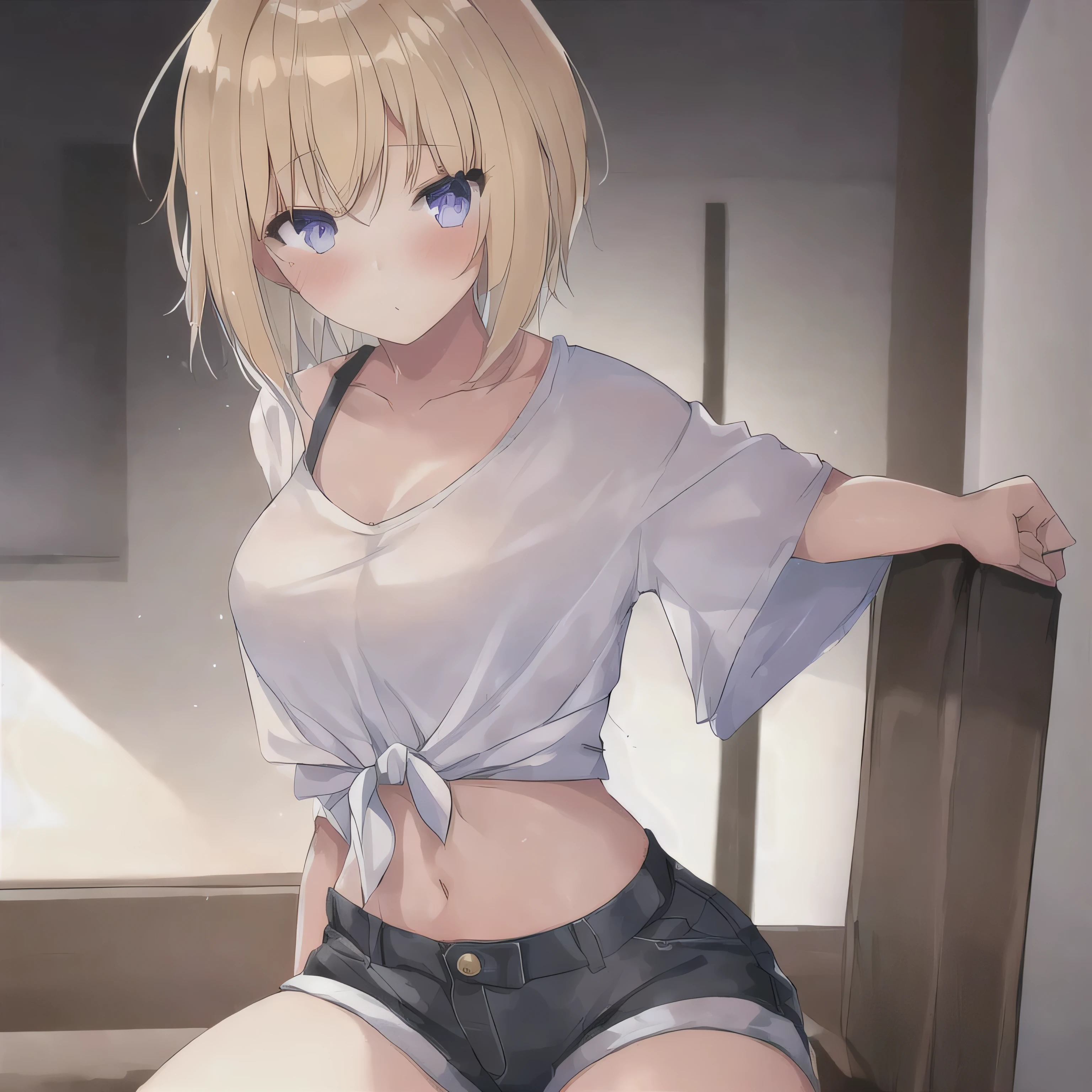 1 girl, solo, blonde hair, short hair, messy hair, oversized white shirt tied around waste, short shorts, shy, fellatio gesture