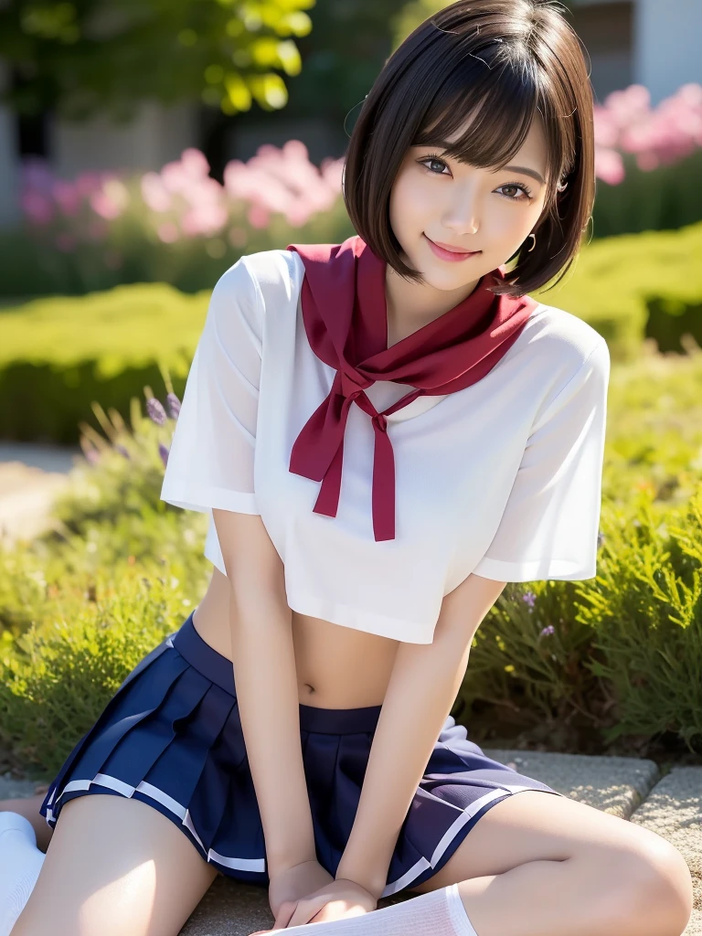 (highest quality:1.5)、(Realistic:1.5)、(1 person:1.5)、Very detailed、High resolution、8k、 very very large round breasts、Natural color lips、Cute Smile、Japanese women、20-year-old girl、Beautiful and elegant face、Perfect and beautiful face、Balanced big eyes、Brunette eyes、Beautiful and elegant face、Natural double eyelids、Natural Bangs、Beautiful thin nose、Beautiful Skin、(Medium Bob Hair)、Natural Bangs、Perfect and beautiful face、Slim face and figure、Look at the viewers、Serafuku 、School Sailor Uniform、White short-sleeved translucent blouse shirt, navy pleated micro miniskirt、Knee-high socks、red sailor knot scarf、 Beautiful navel、Open the navel、Wearing a school sailor uniform that shows her navel、her red underwear is exposed 、High-angle composition、(Staring at the camera with a sweet smile)、Bright lighting、Professional Lighting、Forward lighting、Beautiful feet:1.2、Smooth Skin、Slim Body、Slim waistline、slim thin thighs、Sit on the ground、Lavender Fields、Lavender blooming hill、