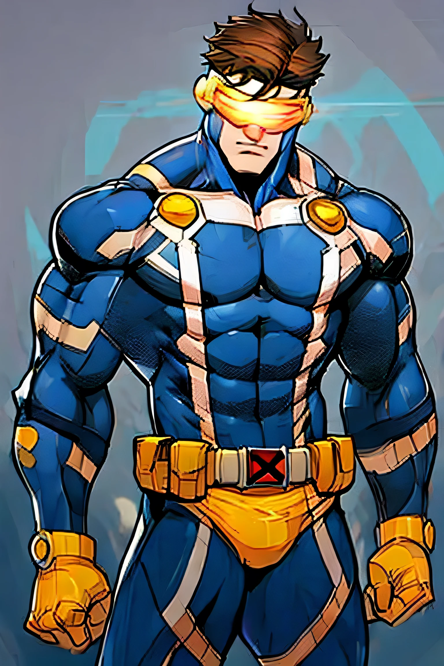 male, (yellow underwear:1), blue bodysuit, Cyclops, x-men, touching his red visor, laser visor, (masterpierce:1.2), super heroes, standing, mansion, upper body shot