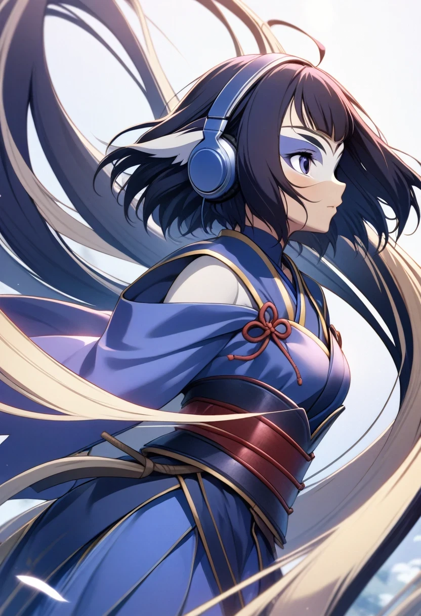 (shylily/(Twich/):1.5),(masterpiece:1.2),(best quality:1.2),((Holy Angel)),Create an AI illustration of a young girl with short hair, shiny hair, Colored undercoat, Flowing hair, (Eye mask), and headphones. she is like a samurai, (She wears Japanese armor), She wears armor,Wear it with a miniskirt, Oblique view, Face profile,