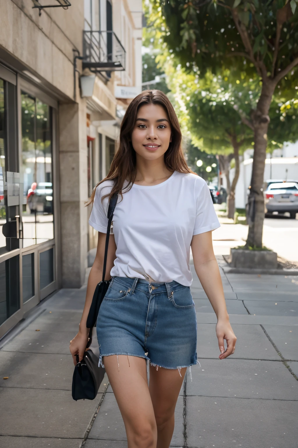 Best quality, high resolution, photographie parfaite, fit girl, Realistic, visage parfait, beautiful Polynesian woman, walk to the airport, porte un jean long et un t-shirt blanc, heureux, valise, beau sac à main Dior. Cheveux longs noirs