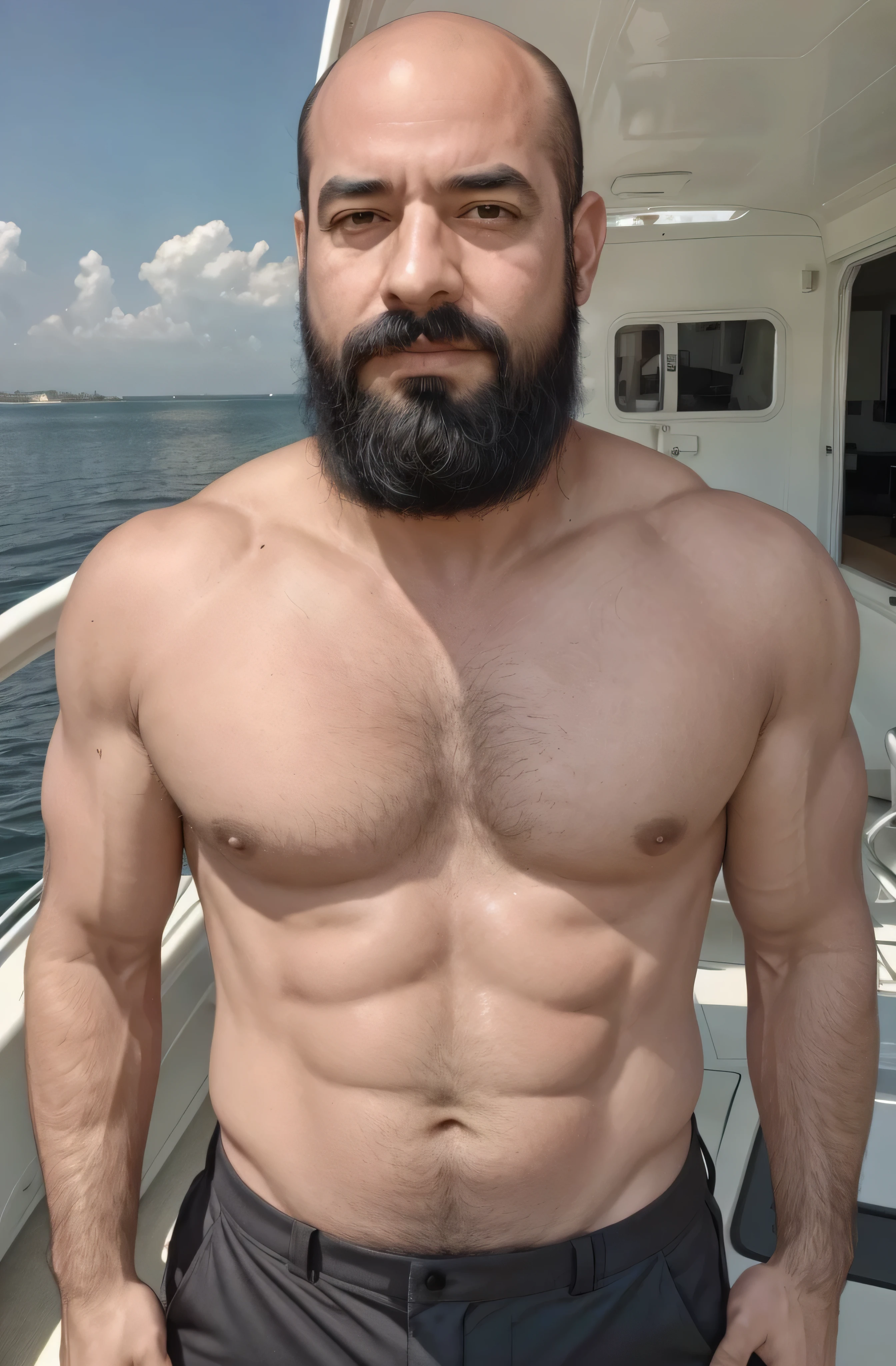 Hiperrealism, hiperdetailed, natural colors, soft light, 40 years old man, muscled, tall, virility, on a yatch, summer day, Handsome, bald with black beard, sensual, looking straight at the camera, elegant, Deluxe, luxury, suit.