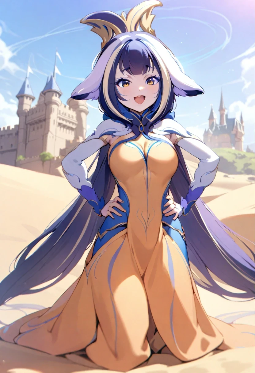 (shylily/(Twich/):1.5),(masterpiece:1.2),(best quality:1.2), :D, Orange dress, looking at the audience, outdoor, sand, sand dunes, Huge castle, crown, permanent, whole body, Cowboy shooting, hands on hips