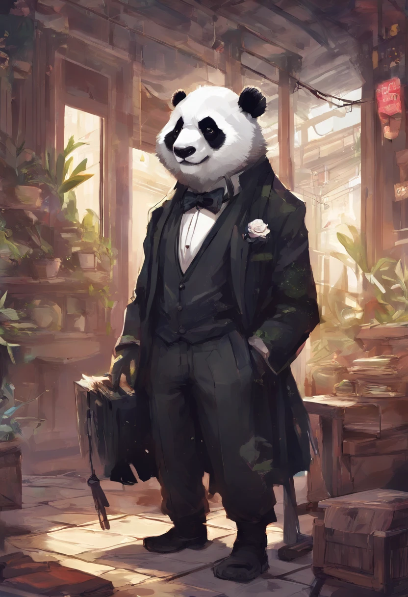 anthropomorphic panda, de cuerpo entero, vestido formalmente con un blazer, sostiene una bandeja, pegatina de panda, sticker de panda.