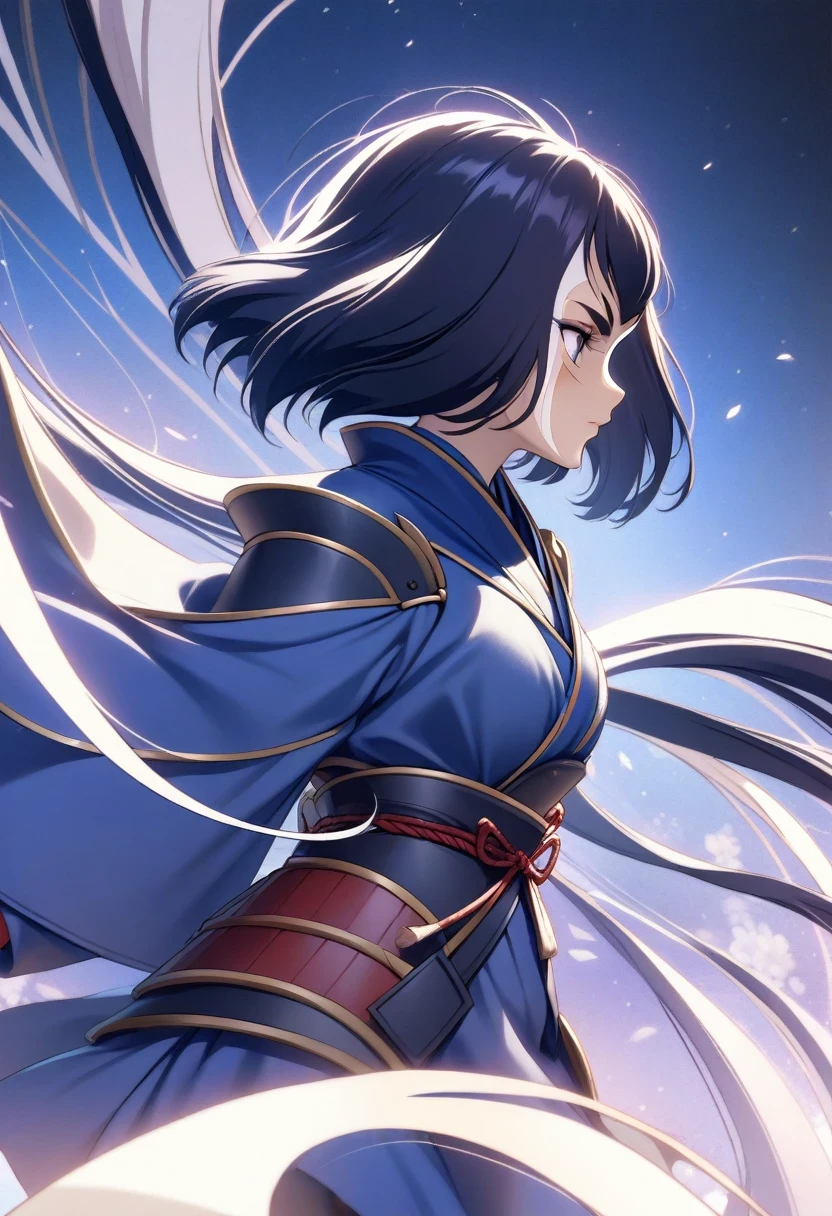 (shylily/(Twich/):1.5),(masterpiece:1.2),(best quality:1.2),((Holy Angel)),Create an AI illustration of a young girl with short hair, shiny hair, Colored undercoat, Flowing hair, (Eye mask), and headphones. she is like a samurai, (She wears Japanese armor), She wears armor,Wear it with a miniskirt, Oblique view, Face profile,