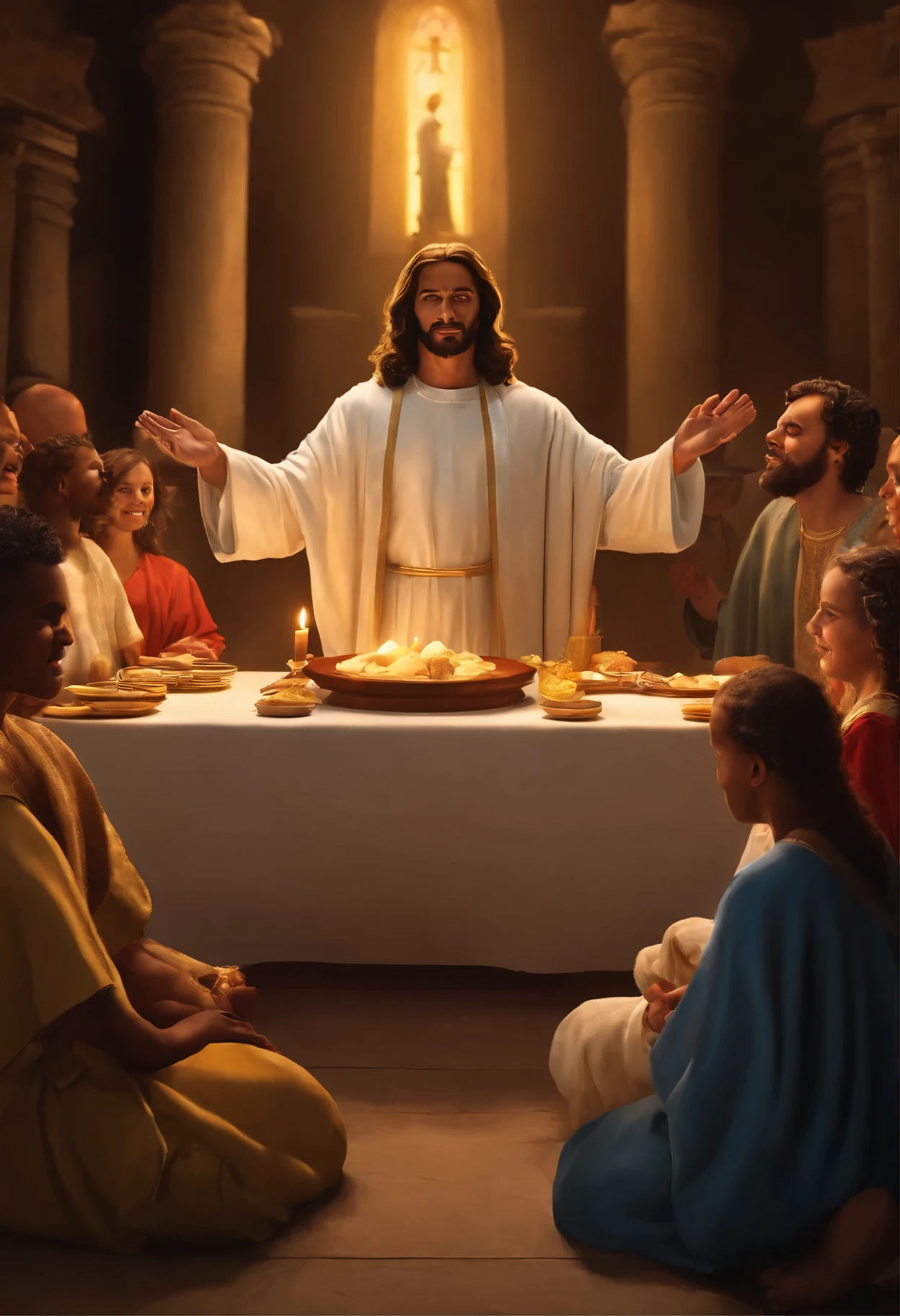 Develop a high-definition 8K image, with lighting treatment, cinematic contrast and saturation, in 3D style reminiscent of Disney animations. The scene depicts a man named Jesus Christ celebrating Holy Mass at a Catholic altar, assuming the role of a Roman Catholic Apostolic Priest. He is accompanied by children of different colors and ethnicities, dressed in contemporary Brazilian costumes, like jeans and a white shirt. This visual representation depicts the Last Supper. The lighting in the church highlights the altar and the faces of the characters, criando uma atmosfera sagrada e acolhedora. The expressions of the children and the Priest reflect reverence, joy and spiritual communion. A imagem busca transmitir a mensagem de amor, inclusion and spirituality, adapted to the contemporary Brazilian context, maintaining the essence of the biblical narrative.