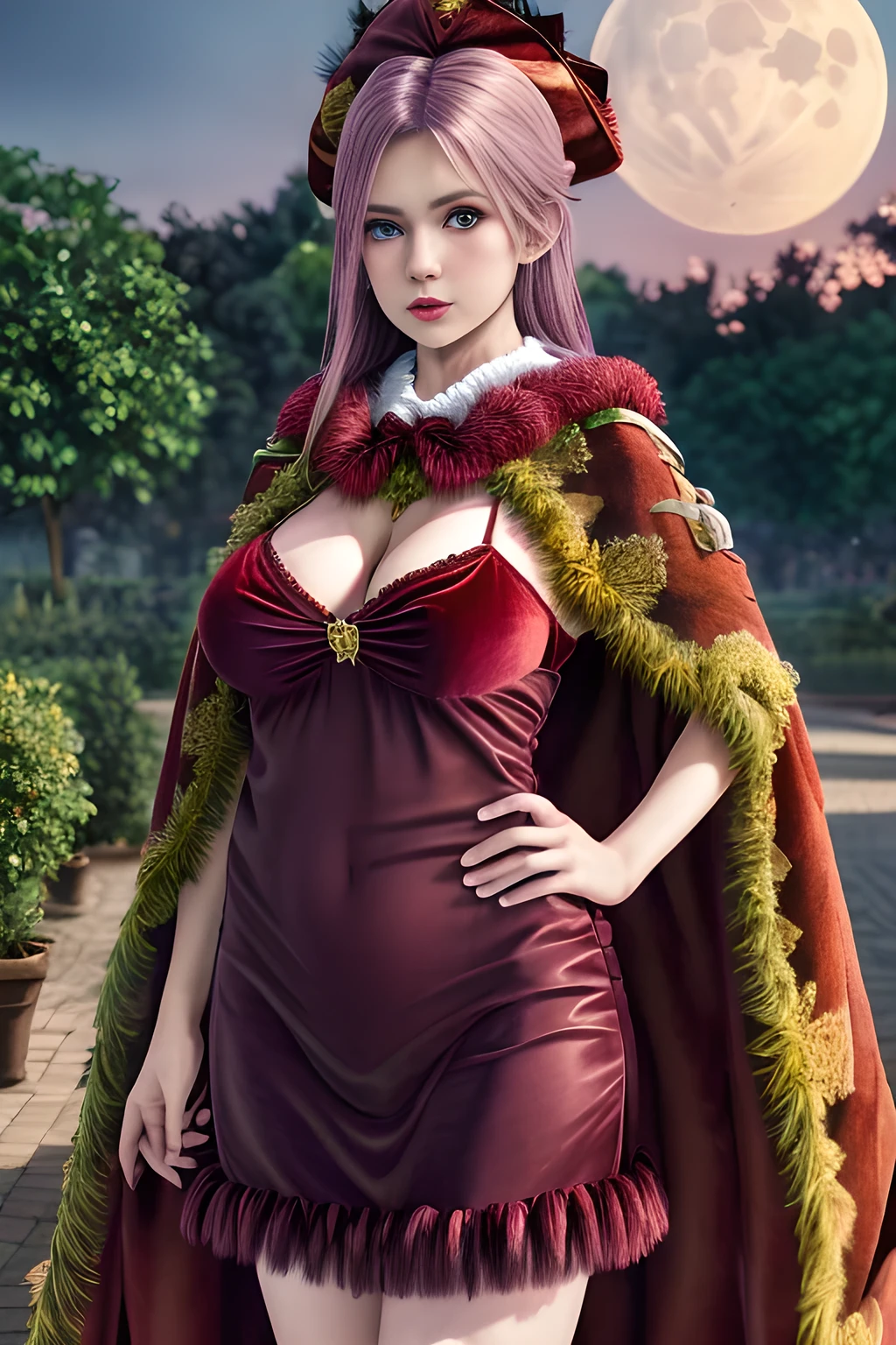 1girl,(RED theme: 1.2), (Velvet fabric nightgown: 1.2), (Koch snowflake cloak: 1.5), ,garden,moon,huge breasts,lactating,(lip gloss),(masterpiece), best quality, (real life portrait photography:1.5),unltra detailed,8K,Shot with a professional-grade camera like the Nikon D850,every intricate detail is captured, from the subtlest expression to the glimmer of anticipation in her eyes,Focus on thighs and above,solo,  elise,