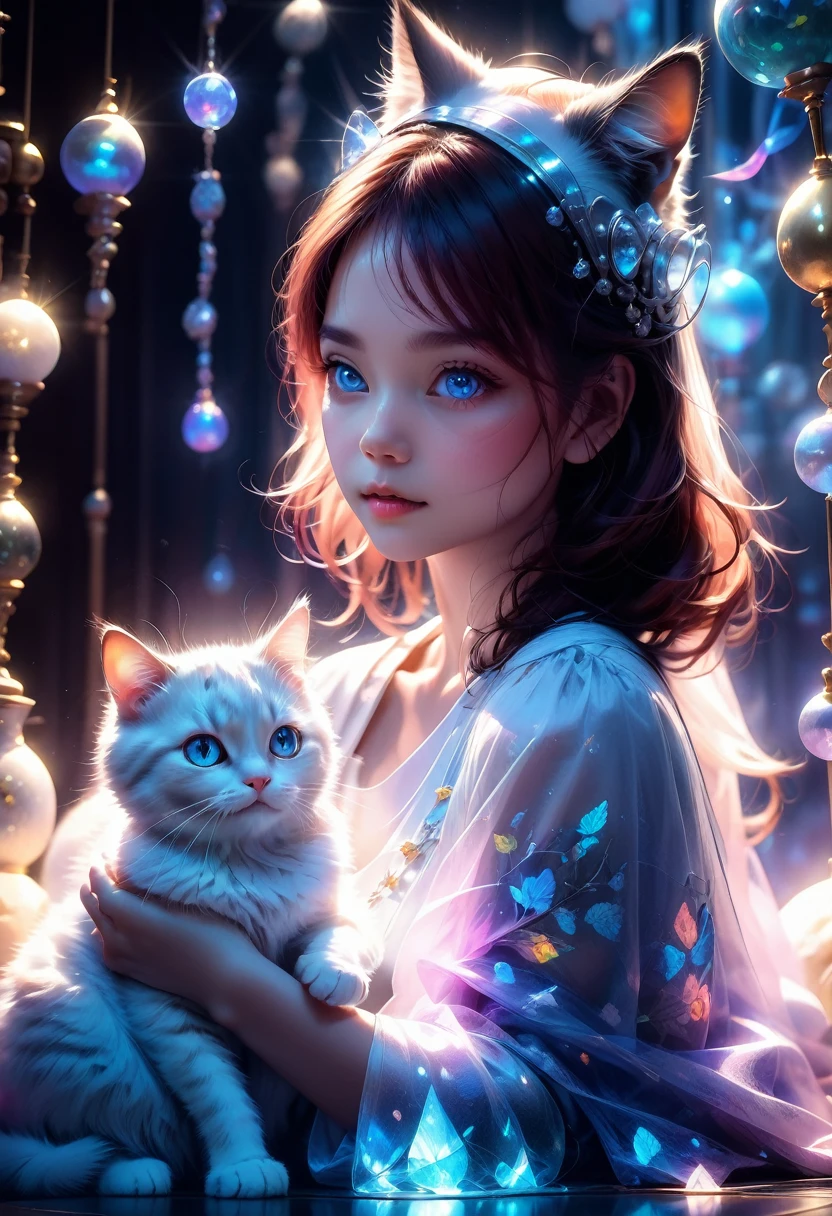 Girl with Cat, Hyperreal dof volumetric lighting, translucent cute girl playing with a (Translucent rough Blue Hologram of a cat 1.3), podiform, dream-scape, in the style of Disney, pixar, Albert Joseph Penot, jj fu, + 36.5 mm f0 cinematic quality, 8K, trending on artstation, sharp focus, studio photo, intricate details, highly detailed, by greg rutkowski