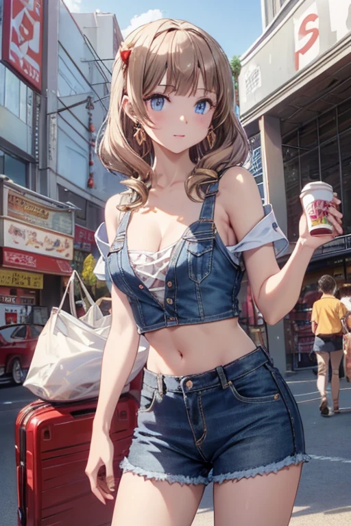 (masterpiece, Best Quality, ultra-detailed, high resolution, extremely detailed CG, official art, Professional Lighting, Perfect Anatomy, anime colors), (from below), looking at viewer, cowboy shot, perfect body, a 24yo beautiful girl, sidelocks, hairband, earrings,medium hips, glamorous body,a small face,beautiful-makeup,Makeup light,dark brown hair, Amazing Cleavage, thin waist, cute ass, Raised sexy, small breast: 1.2 posed cleavage:1.2, (off shoulders,Denimbra,legginullnude), micro denim shorts, bare legs, nail_polish, pale skin, Waiting friend, (morning:1.5), tokyo, (convenience store:1.3), outdoor, (depth of field:1.3), contrapposto, (Hold a coffee in your hand:1.3),delicate beautiful face, Bright blue eyes, cute eyes, sparkling eyes, Big eyes, (perky chest:1.1), (pointed chest:1.3), looking at viewer,
