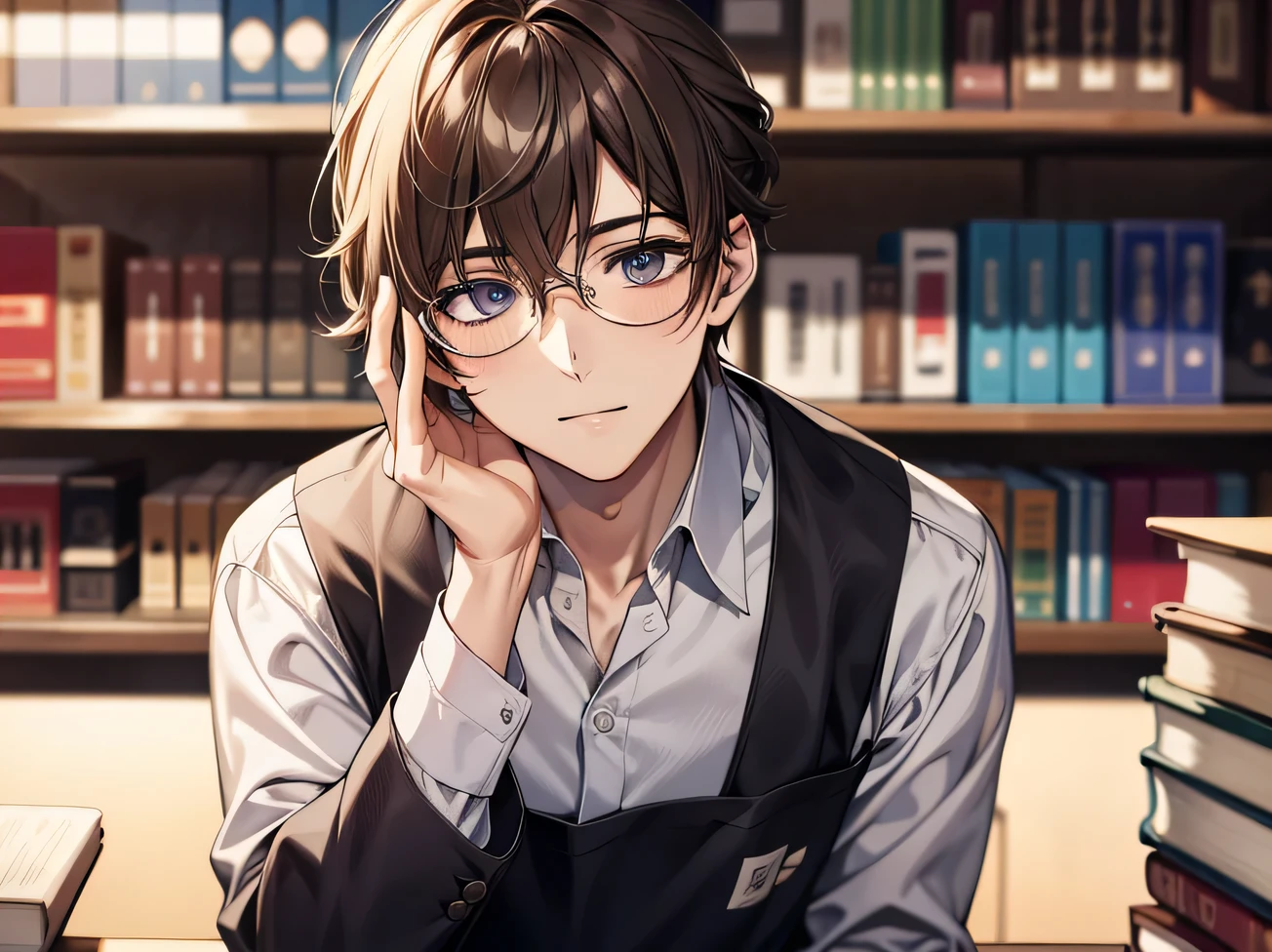 Upper Body,masterpiece,highest quality,Face close-up, (Anime Male), book store clerk, male,alone,Glasses,Kedaruge、Downer,shirt,apron,long.,Eye Color: Brown,book store,Background Bookshelf