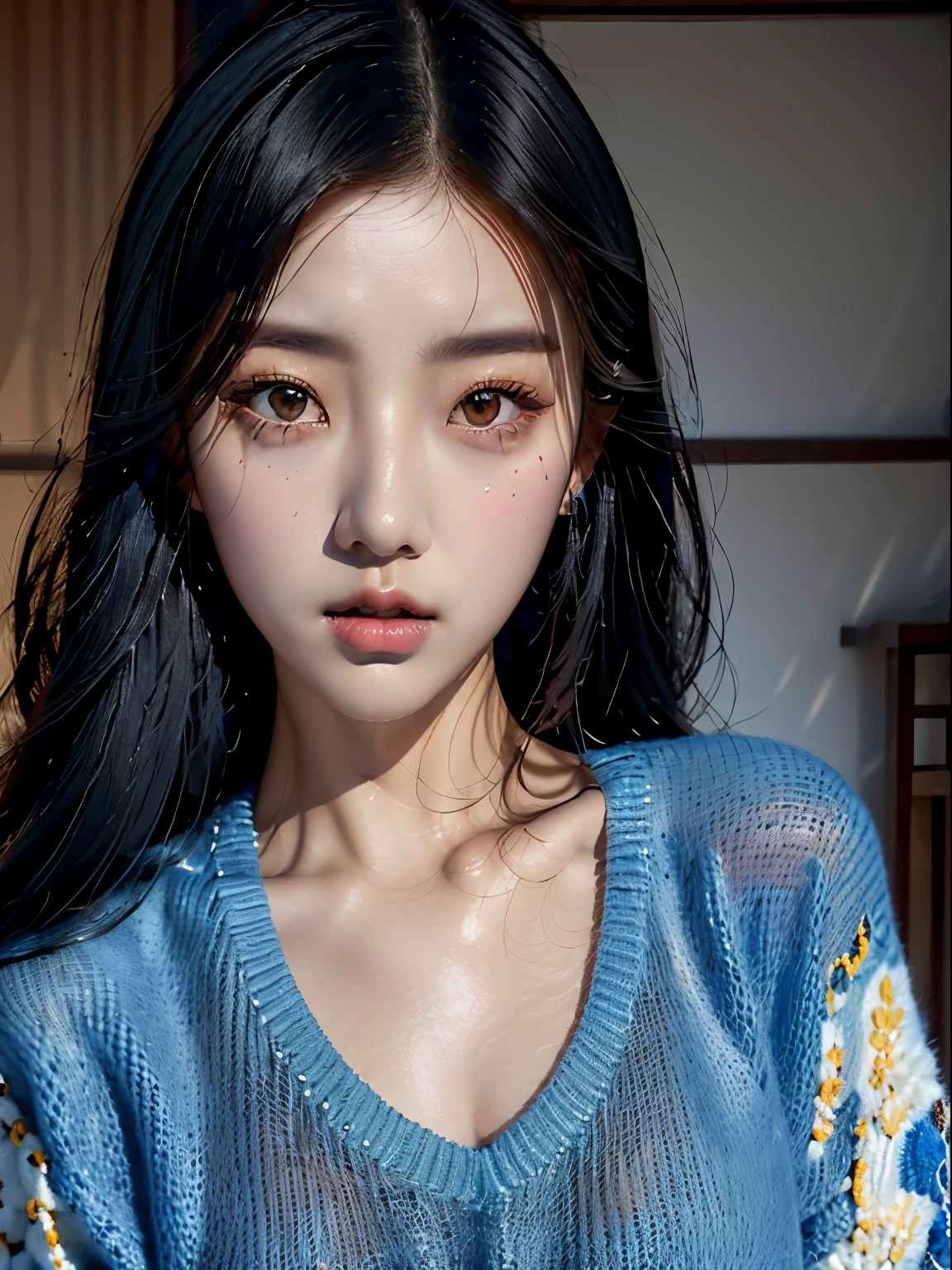 Araped woman with long black hair wearing blue sweater, Blackpink Jisoo, Heonhwa Choi, Jinyoung Canella, Best Face, Jaeyeon Nam, Blackpink Jisoo, Lee, Ji - Eun, Lee, Ji - Eun, krystal, Tzuyu number 2, Dom Yunju, korean, jimin park, Hwang Se - EM