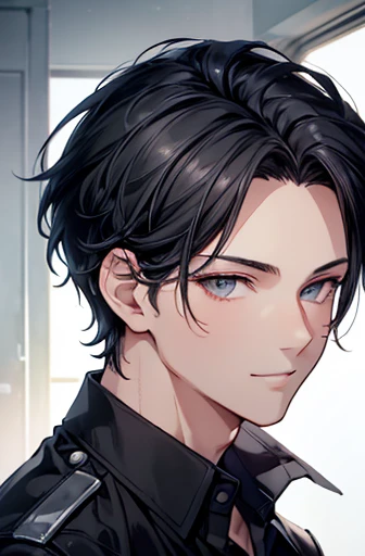 (masterpiece),(top-quality),(ultra-detailliert),hight resolution,in 8K animation,1boy,black hair,(very short hair),slicked back hair,gray eyes,cool eyes,handsome,gently smile,(beautifull detailed face),(beatiful detailed eyes),18 years old