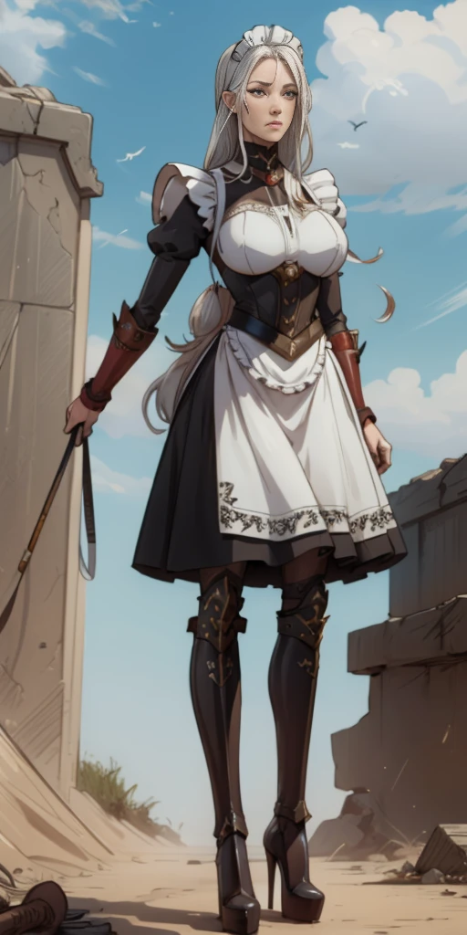 Female, standing, straight, long_hair, messy_hair, white_hair, maid with armor, metal high heels
