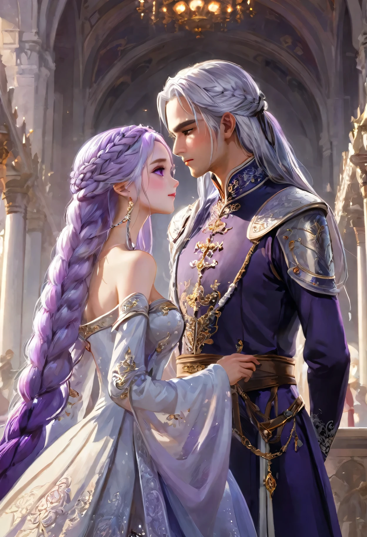 (masterpiece: 1.2, best quality), (Intricate details, Depth of Field), Very detailed, A princess and a prince looked at each other, yinji, purple hair, purple eyes, long hair, white hair, double braids, gradient hair, Royal Costumes, Slim body, Golden Crown, Wear boots, Off-shoulder, In a medieval palace