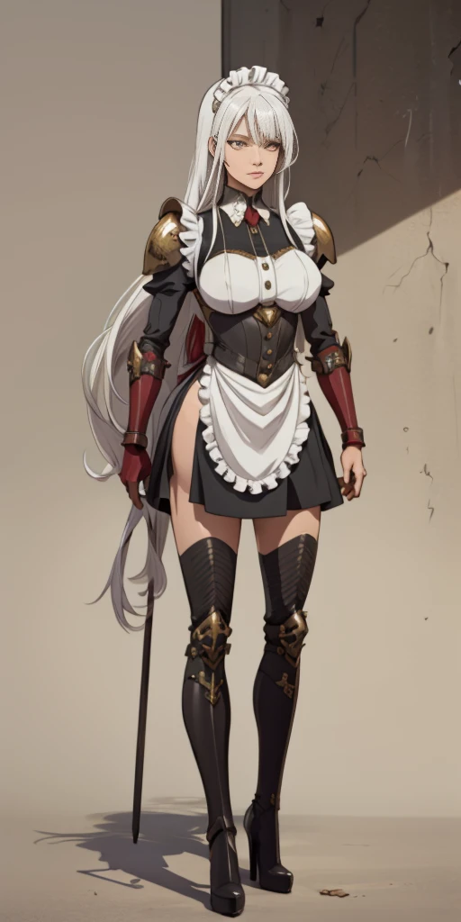 Female, standing, straight, long_hair, messy_hair, white_hair, maid with armor, metal high heels