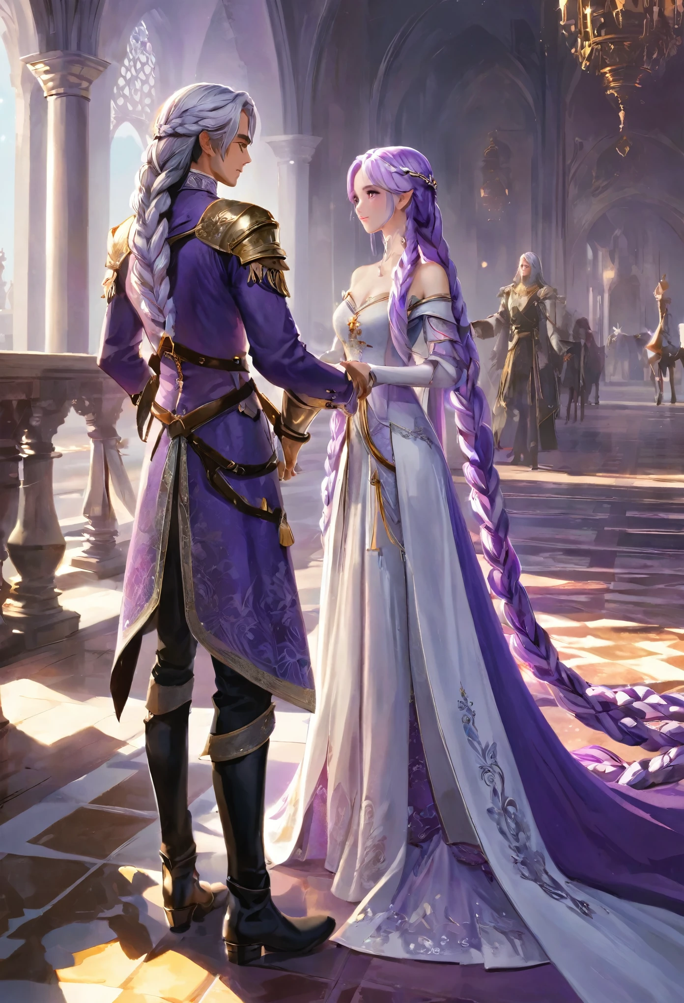 (masterpiece: 1.2, best quality), (Intricate details, Depth of Field), Very detailed, A princess and a prince looked at each other, yinji, purple hair, purple eyes, long hair, white hair, double braids, gradient hair, Royal Costumes, Slim body, Golden Crown, Wear boots, Off-shoulder, In a medieval palace
