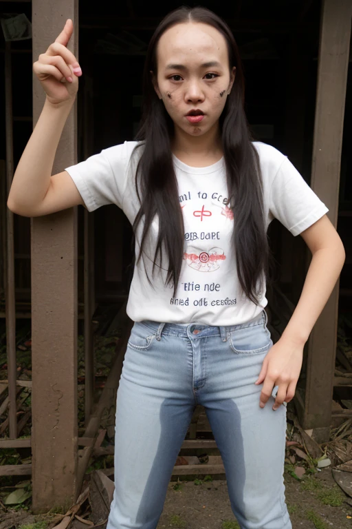 (pp clothes), from forehead, Indonesia school girl, haunted house, horror, peeing jeans.