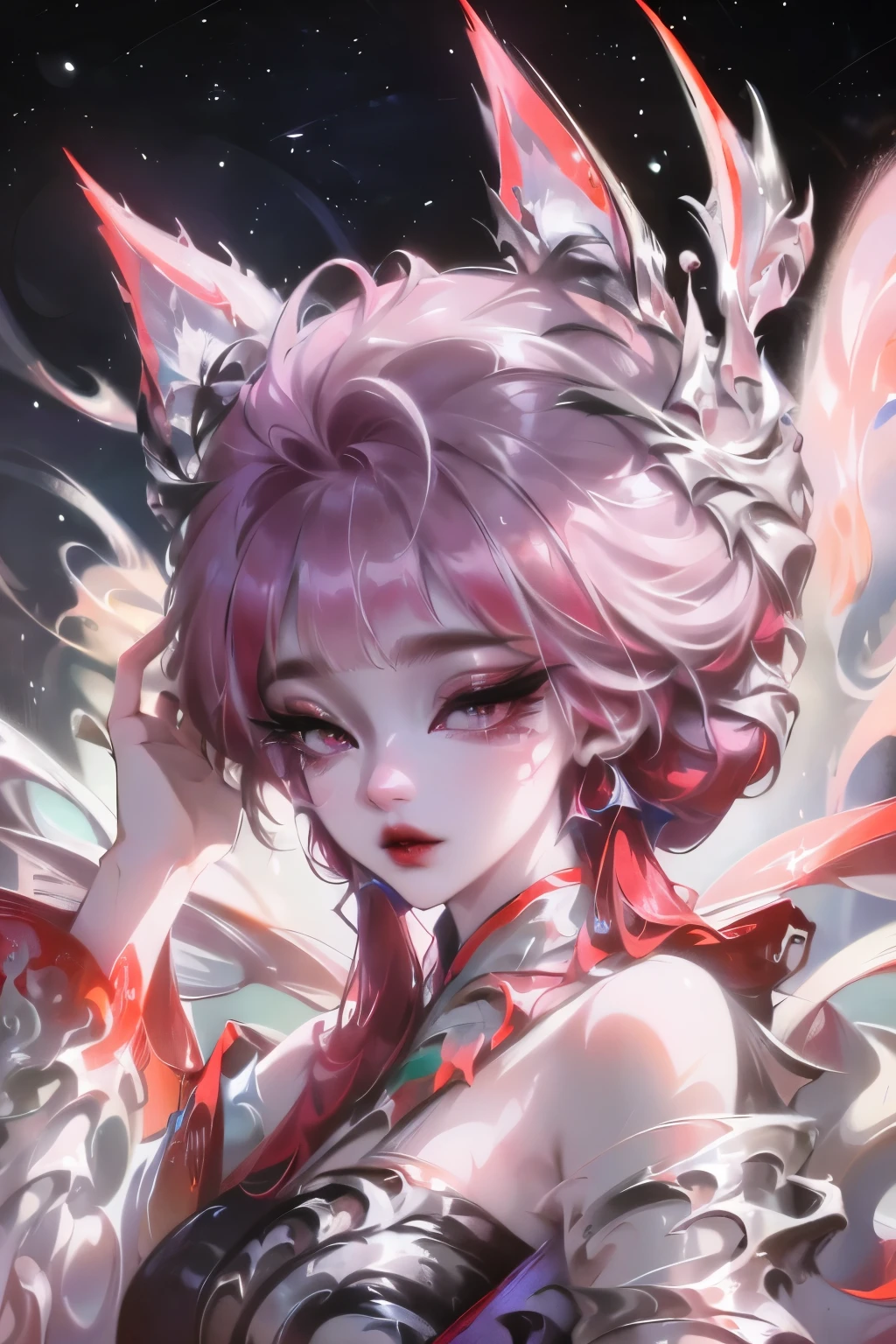 (Mythical Beast), Nine-tailed Fox, Dynamic body shape, (Chinese Monster), Handsome, splashed Ink, Chinese, 1 Girl, ((whole body), ((2.5D)), Flowing hair, beautiful eyes, Delicateeyes, Delicate silhouette, Fantasy Art, (Black and red ancient brocade Hanfu), Field of view, (masterpiece), front Photo, Profile portrait, White background, (poster), sharp, splash, cloud, petal, empty, Sky, (Wide-angle lens), Vista