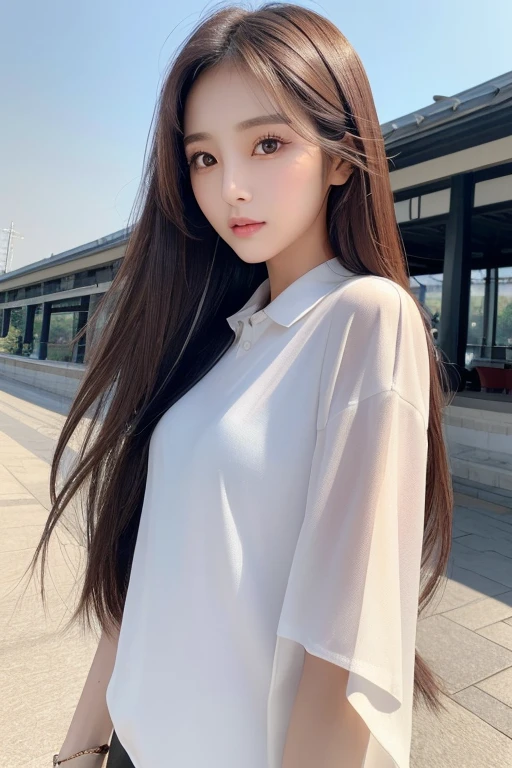 masterpiece、top-quality)、1 beutiful girl、Slim body、((Black and white plain clothes:1.1))、(Detailed beautiful dark brown eyes)、In the Han River、Face similar to Chaewon in Le Selefim、((dark Brown long Hair))、((Smaller face))、((Neutral face))、((Light brown eyes))、((Thai half Korean Girl))、((28year old))、((cool lady))、((Embarrassed expression))、((Korean Makeup))、((elongated and sharp eyes))、((Happy dating))、((boyish))、((She is walking in front of the viewer))、((Looking Up))