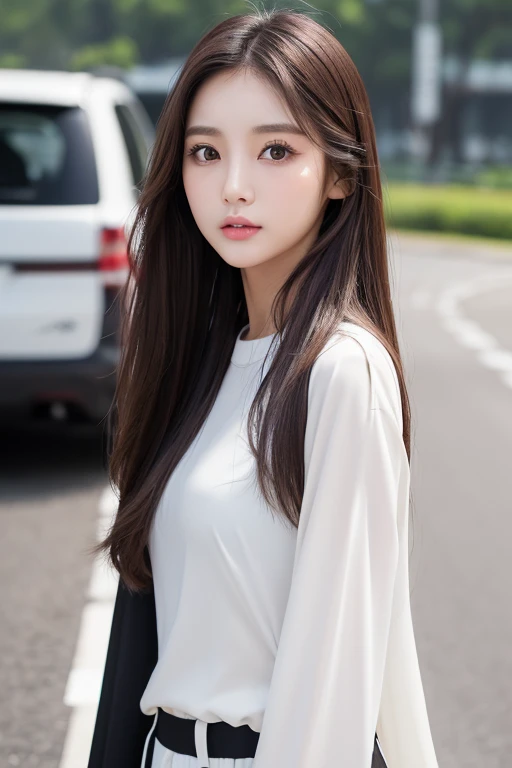 ​masterpiece、top-quality)、1 beutiful girl、Slim body、((Black and white plain clothes:1.1))、(Detailed beautiful dark brown eyes)、In the Han River、Face similar to Chaewon in Le Selefim、((dark Brown  long Hair))、((Smaller face))、((Neutral face))、((Light brown eyes))、((Thai half Korean Girl))、((28year old))、((cool lady))、((Embarrassed expression))、((Korean Makeup))、((elongated and sharp eyes))、((Happy dating))、((boyish))、((She is walking in front of the viewer))、((Looking Up))