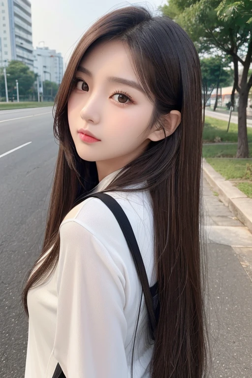 ​masterpiece、top-quality)、1 beutiful girl、Slim body、((Black and white plain clothes:1.1))、(Detailed beautiful dark brown eyes)、In the Han River、Face similar to Chaewon in Le Selefim、((dark Brown  long Hair))、((Smaller face))、((Neutral face))、((Light brown eyes))、((Thai half Korean Girl))、((28year old))、((cool lady))、((Embarrassed expression))、((Korean Makeup))、((elongated and sharp eyes))、((Happy dating))、((boyish))、((She is walking in front of the viewer))、((Looking Up))