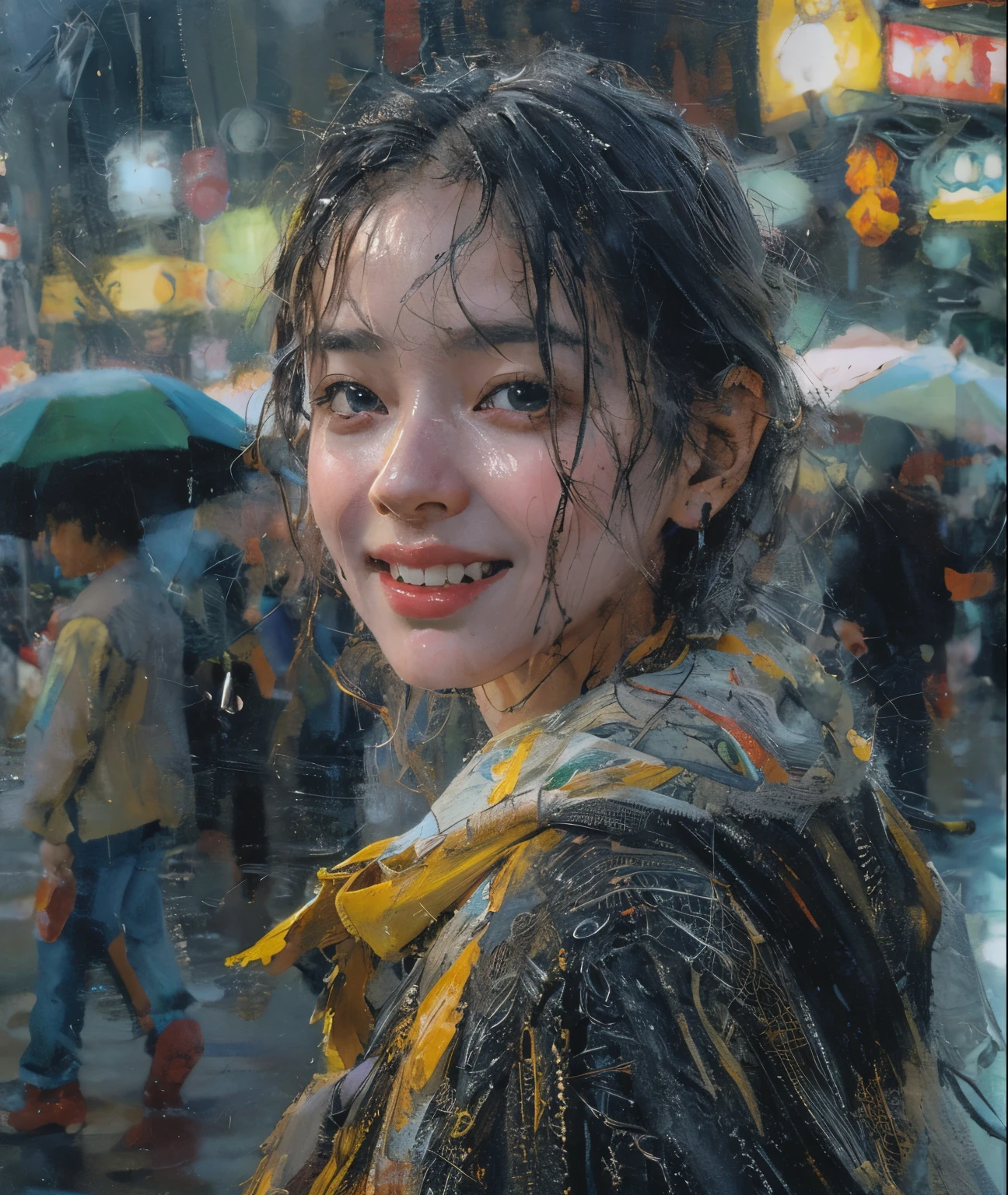 Smiling girl standing in the middle of a crowded street in the pouring rain, wet from the rain, detailed face, beautiful eyes and lips, super detailed pupils, realistic skin, ((wet hair, wet Clothes)), thin clothes that stick to the skin, raindrops, city buildings, atmospheric lighting, cinematic, 8K, highly detailed, photorealistic, vibrant colors, Shibuya Crossing, full body depiction, heavy rain ,