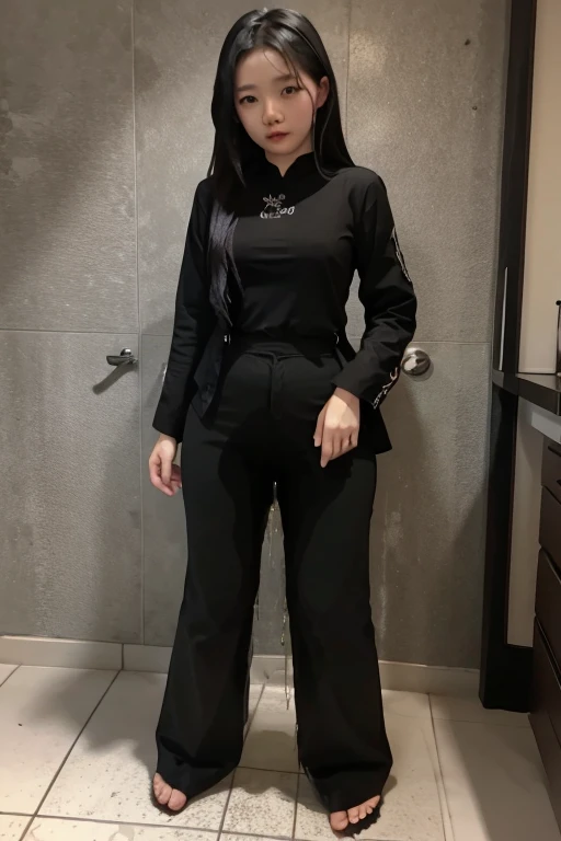 Vietnamese Girl sees the ghost and pees her black ao dai pants until her pants are wet in fright.