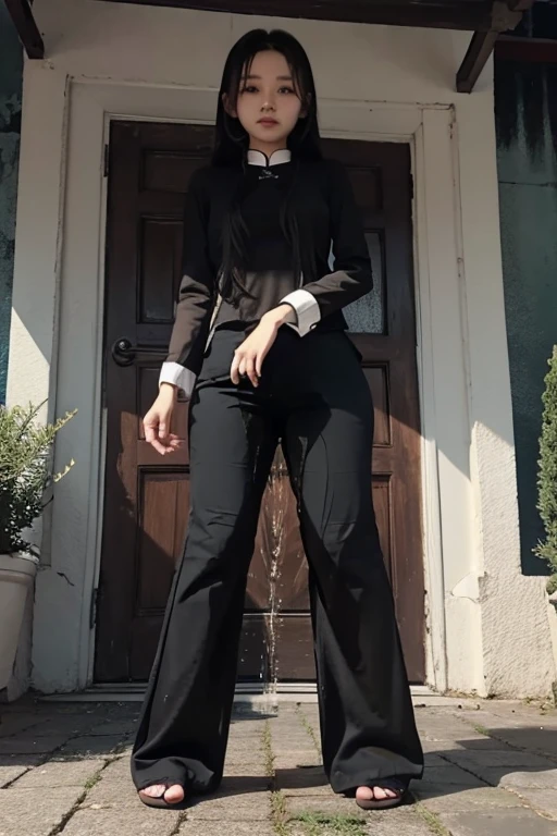 Vietnamese Girl sees the ghost and pees her black ao dai pants until her pants are wet in fright.